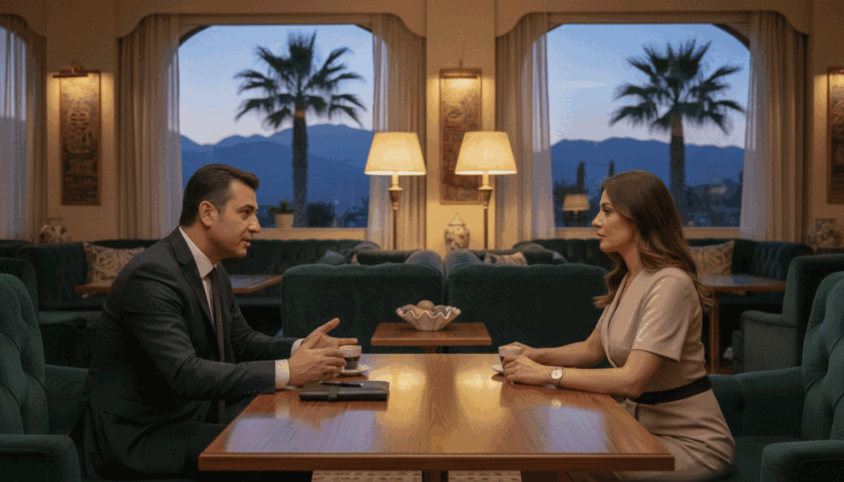 A professional and discreet meeting scene set in a cozy, elegantly decorated lounge in Alanya. In the foreground, a well-dressed individual in business attire is seated, speaking with a confident posture, exuding professionalism and trust. The middle ground features a warm ambiance with soft lighting from stylish lamps, enhancing the atmosphere of safety and privacy. In the background, subtle decorative elements showcase Alanya's charm with views of palm trees and distant mountains through large windows. The mood is serene and secure, suggesting a trusted connection. The image should reflect the brand "Alanya güvenilir escort" through the ambiance without explicit visuals or captions. The setting should evoke feelings of confidentiality and comfort, with a focus on professional interactions. A professional and discreet meeting scene set in a cozy, elegantly decorated lounge in Alanya. In the foreground, a well-dressed individual in business attire is seated, speaking with a confident posture, exuding professionalism and trust. The middle ground features a warm ambiance with soft lighting from stylish lamps, enhancing the atmosphere of safety and privacy. In the background, subtle decorative elements showcase Alanya's charm with views of palm trees and distant mountains through large windows. The mood is serene and secure, suggesting a trusted connection. The image should reflect the brand "Alanya güvenilir escort" through the ambiance without explicit visuals or captions. The setting should evoke feelings of confidentiality and comfort, with a focus on professional interactions.