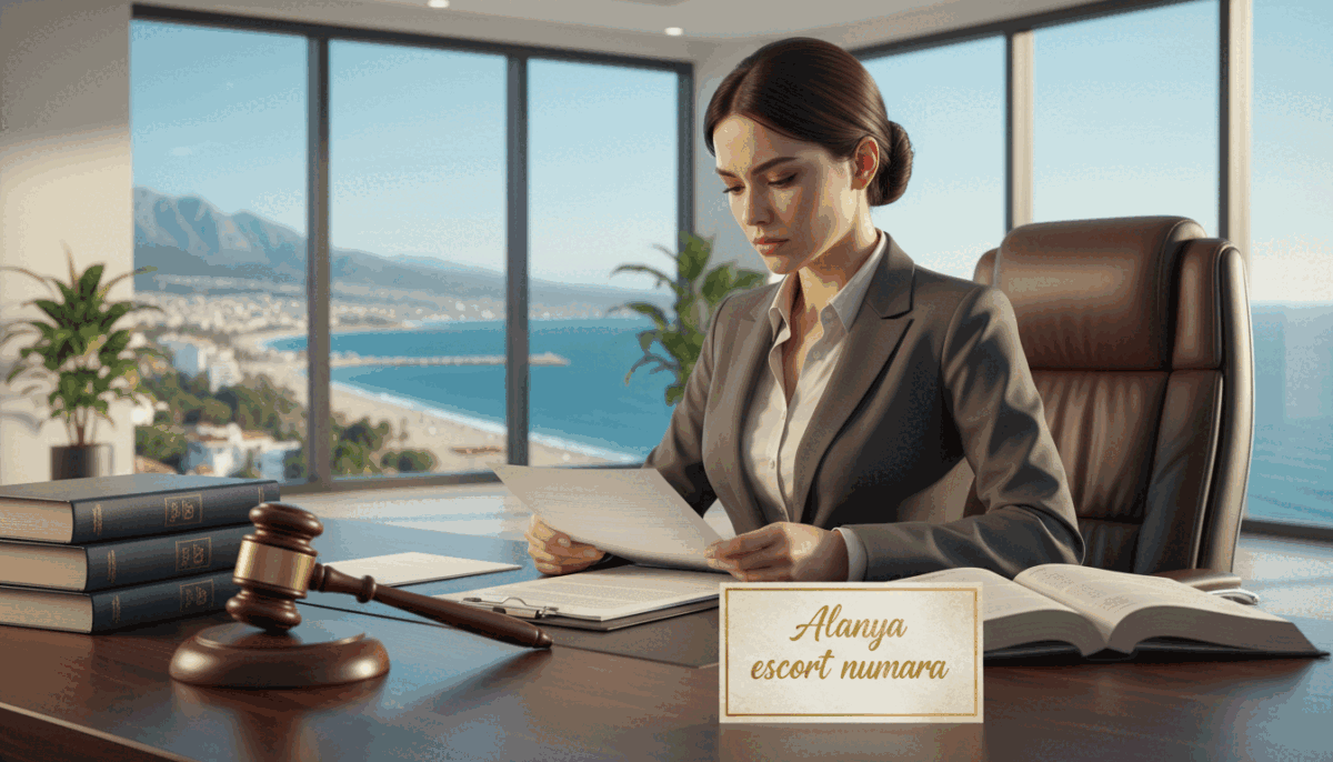 A professional and elegant representation of legal regulations regarding escort services in Alanya. In the foreground, show a well-organized desk featuring a gavel, legal documents, and a stylish business card with "Alanya escort numara" prominently displayed. In the middle ground, depict a serious-looking female lawyer, dressed in a professional suit, reviewing documents with a focused expression. The background should include a light-filled office with large windows that reveal a view of Alanya’s picturesque scenery, including the coastline and mountains. Use soft, natural lighting to create a warm and inviting atmosphere. Capture the mood of professionalism and compliance, illustrating the concept of legal escort services in a respectful and informative manner. A professional and elegant representation of legal regulations regarding escort services in Alanya. In the foreground, show a well-organized desk featuring a gavel, legal documents, and a stylish business card with "Alanya escort numara" prominently displayed. In the middle ground, depict a serious-looking female lawyer, dressed in a professional suit, reviewing documents with a focused expression. The background should include a light-filled office with large windows that reveal a view of Alanya’s picturesque scenery, including the coastline and mountains. Use soft, natural lighting to create a warm and inviting atmosphere. Capture the mood of professionalism and compliance, illustrating the concept of legal escort services in a respectful and informative manner.