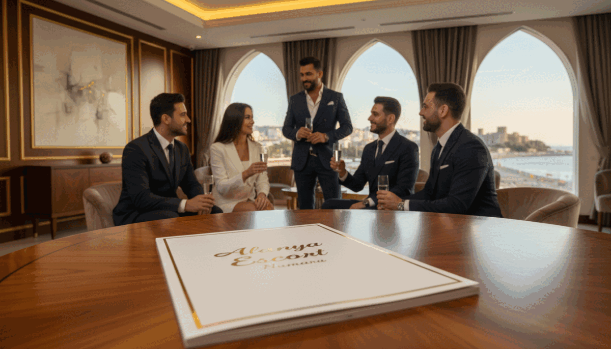 A professional and elegant setting reflecting an upscale selection atmosphere in Alanya, focusing on a sophisticated and serene interior space. In the foreground, showcase a stylish wooden table with a chic brochure labeled ‘Alanya Escort Numara’ prominently displayed. The middle ground features a well-dressed, diverse group of individuals engaged in pleasant conversation, wearing business attire, exuding professionalism and approachability. Soft, warm lighting creates an inviting ambiance, highlighting the decor with subtle elegance. In the background, a beautiful view of Alanya's coastline can be glimpsed through large windows, enhancing the relaxed yet discerning mood. Capture the image at a slight angle to convey depth, with a focus on the intricate details of the scene, ensuring a polished and professional atmosphere suitable for the article section.