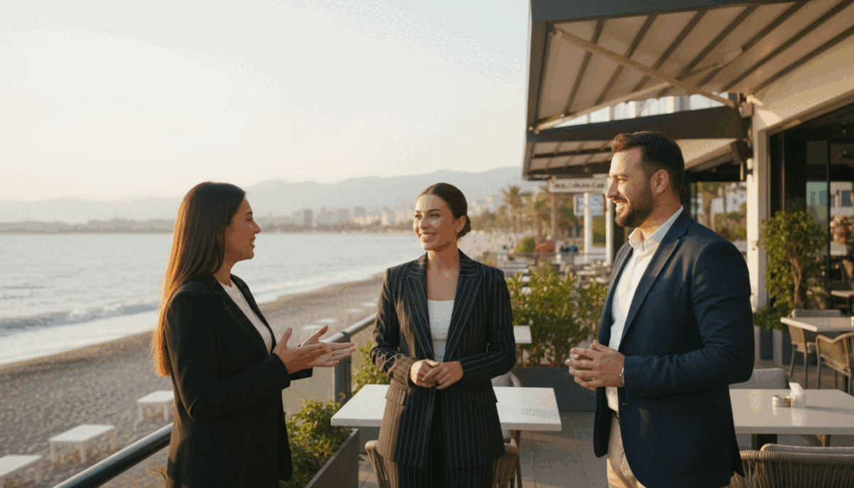 A professional and inviting scene capturing the essence of customer satisfaction at "Alanya sahil bölgesi escort." In the foreground, a group of three diverse clients, dressed in smart casual attire, engage in a friendly discussion outside a stylish café, displaying positive body language and expressions of enjoyment. The middle layer features a sleek, modern building with elegant architectural details that suggests a welcoming atmosphere, possibly under a shaded area with greenery. The background reveals a beautiful view of Alanya's coastline, with a serene beach and gentle waves highlighting the region's appeal. Soft, warm lighting from a late afternoon sun creates a tranquil and friendly ambiance, evoking a sense of trust and professionalism. The composition should be balanced and inviting, without any text or markers.