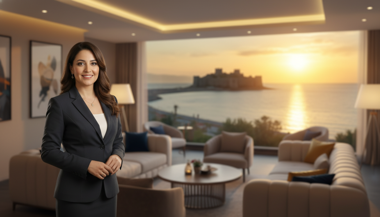 A professional and inviting scene capturing the essence of the "Alanya Escort" experience. In the foreground, a well-dressed individual in business attire stands confidently, exuding professionalism and charm. In the middle ground, a stylish lounge area with soft furnishings, ambient lighting, and tasteful décor creates a warm atmosphere conducive to relaxation and social interaction. The background reveals a scenic view of Alanya's coastline, with the sun setting, casting a golden glow that enhances the serene mood. The image is captured with a shallow depth of field, focusing on the individual while softly blurring the lounge and the picturesque coastline, conveying an inviting atmosphere that emphasizes comfort and luxury in escort services.