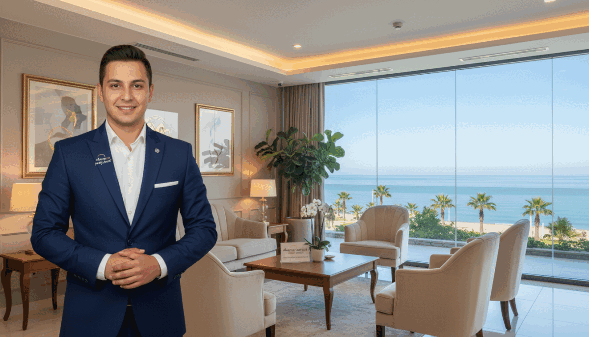 A professional and inviting scene depicting a stylish escort service in Mahmutlar, emphasizing safety and reliability. In the foreground, a well-dressed individual in smart business attire stands confidently, exuding professionalism and approachability. The middle ground showcases a comfortable and elegant waiting area with tasteful decor, soft lighting creating a warm atmosphere, and subtle hints of luxury, like plush chairs and decorative plants. The background features a serene coastal view of Mahmutlar, with a bright blue sky and calm sea, symbolizing tranquility and trust. The overall mood should convey sophistication, security, and professionalism, reflecting the brand "Alanya party escort." The composition should be captured with a wide-angle lens, highlighting the details while maintaining a polished and inviting vibe. A professional and inviting scene depicting a stylish escort service in Mahmutlar, emphasizing safety and reliability. In the foreground, a well-dressed individual in smart business attire stands confidently, exuding professionalism and approachability. The middle ground showcases a comfortable and elegant waiting area with tasteful decor, soft lighting creating a warm atmosphere, and subtle hints of luxury, like plush chairs and decorative plants. The background features a serene coastal view of Mahmutlar, with a bright blue sky and calm sea, symbolizing tranquility and trust. The overall mood should convey sophistication, security, and professionalism, reflecting the brand "Alanya party escort." The composition should be captured with a wide-angle lens, highlighting the details while maintaining a polished and inviting vibe.