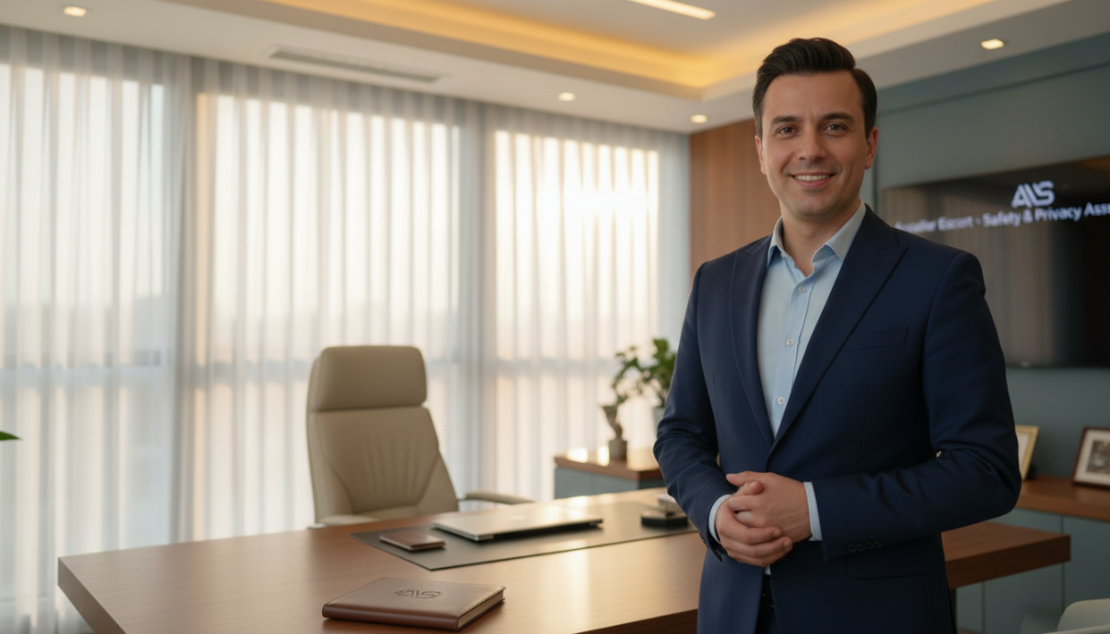 A professional and secure environment emphasizing safety and privacy, featuring a tastefully designed modern office space. In the foreground, a confident, well-dressed individual in professional attire stands with a welcoming smile, projecting trustworthiness. The middle layer shows an elegant desk with a laptop and notepad, representing confidentiality and professionalism. The background features softly blurred windows with sheer curtains allowing gentle natural light to filter in, creating an inviting atmosphere. The overall mood is calm and reassuring, suggesting a commitment to safety and privacy for those seeking the "avsallar escort" service. Use soft lighting to enhance the serene ambiance. The perspective should be slightly angled to capture the warmth and openness of the space while emphasizing the subject's professional demeanor.