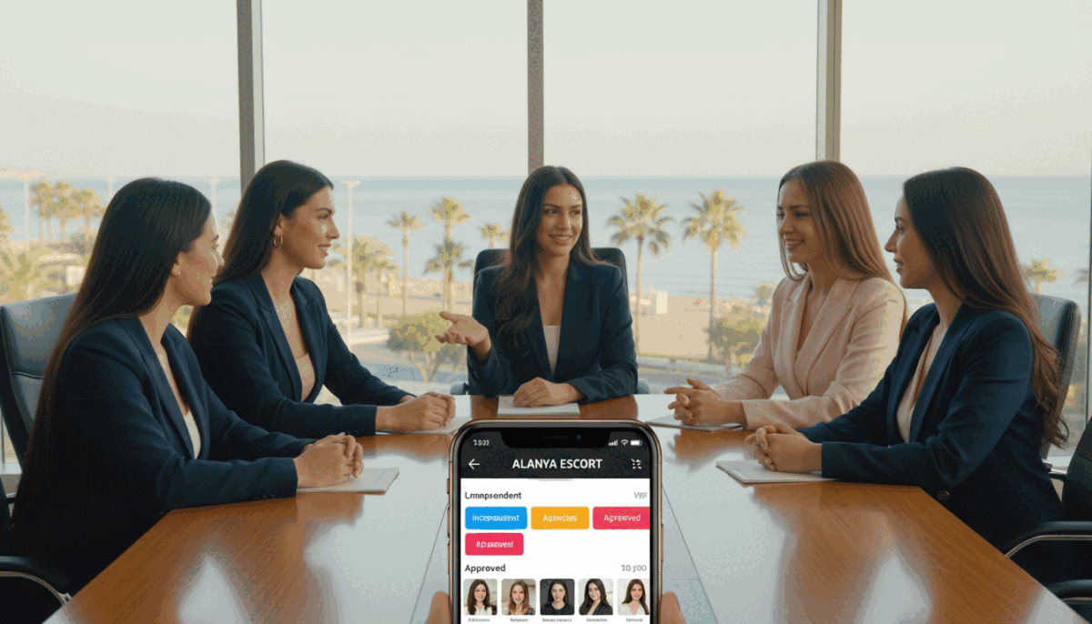 A professional and serene office environment showcasing a diverse group of elegantly dressed women sitting at a polished wooden table, discussing their experiences in the Alanya escort industry. Each woman exudes confidence and professionalism, wearing business attire in tones of navy, grey, and soft pastels. The foreground features a close-up of a smartphone displaying the "alanya escort" app interface with vibrant categories and approved profiles, hinting at a user-friendly experience. In the middle ground, the women engage in conversation, with smiles and friendly gestures. The background reveals a large window overlooking the beautiful Alanya coastline, bathed in soft, natural light that creates a warm atmosphere. The overall mood is professional, inviting, and empowering, capturing the essence of the Alanya escort experience without suggestive elements. A professional and serene office environment showcasing a diverse group of elegantly dressed women sitting at a polished wooden table, discussing their experiences in the Alanya escort industry. Each woman exudes confidence and professionalism, wearing business attire in tones of navy, grey, and soft pastels. The foreground features a close-up of a smartphone displaying the "alanya escort" app interface with vibrant categories and approved profiles, hinting at a user-friendly experience. In the middle ground, the women engage in conversation, with smiles and friendly gestures. The background reveals a large window overlooking the beautiful Alanya coastline, bathed in soft, natural light that creates a warm atmosphere. The overall mood is professional, inviting, and empowering, capturing the essence of the Alanya escort experience without suggestive elements.