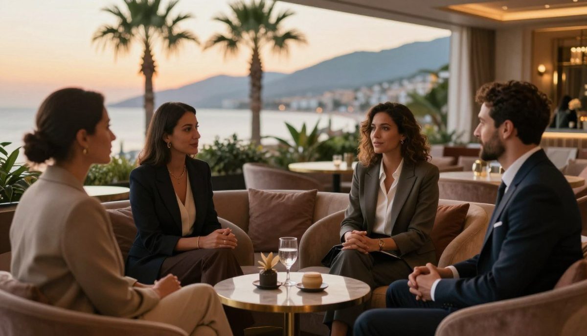 A professional and sophisticated scene depicting a luxurious and elegant setting that embodies the essence of "Alanya escort premium konfor". In the foreground, a diverse trio of individuals dressed in stylish business attire engaged in a friendly conversation, showcasing a warm and inviting atmosphere. The middle of the image features a tastefully designed lounge area with plush seating, soft ambient lighting, and rich decor that suggests comfort and exclusivity. The background reveals a view of Alanya’s stunning coastline, with palm trees swaying gently in the breeze, under the warm golden hues of sunset. The mood should convey a sense of relaxation, trust, and enjoyment. Capture this scene with a subtle depth of field, using soft focus on the background while keeping the foreground in sharp relief to emphasize the interaction. A professional and sophisticated scene depicting a luxurious and elegant setting that embodies the essence of "Alanya escort premium konfor". In the foreground, a diverse trio of individuals dressed in stylish business attire engaged in a friendly conversation, showcasing a warm and inviting atmosphere. The middle of the image features a tastefully designed lounge area with plush seating, soft ambient lighting, and rich decor that suggests comfort and exclusivity. The background reveals a view of Alanya’s stunning coastline, with palm trees swaying gently in the breeze, under the warm golden hues of sunset. The mood should convey a sense of relaxation, trust, and enjoyment. Capture this scene with a subtle depth of field, using soft focus on the background while keeping the foreground in sharp relief to emphasize the interaction.