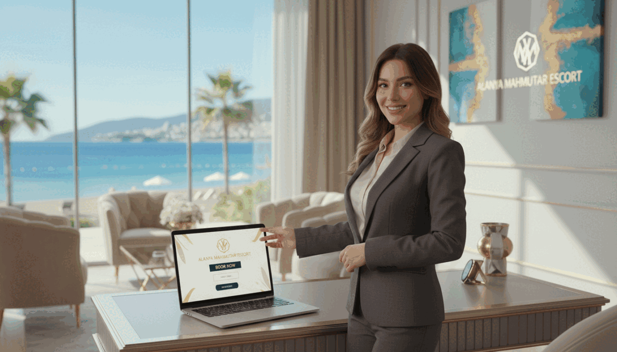 A professional and welcoming scene showcasing the brand "alanya mahmutlar escort." In the foreground, a well-dressed female representative, exuding confidence, stands beside an elegant desk with a laptop open, symbolizing an efficient booking process. Her outfit is a smart, tailored business suit. In the middle ground, a modern and stylish reception area is visible, with tasteful decor that highlights the luxury of services provided. The background features large windows offering a view of a sunny Alanya beach, enhancing the relaxed yet upscale atmosphere. Soft, natural light filters through the space, creating a warm and inviting glow. The composition captures a sense of professionalism and ease, embodying the theme of a quick and easy reservation process. A professional and welcoming scene showcasing the brand "alanya mahmutlar escort." In the foreground, a well-dressed female representative, exuding confidence, stands beside an elegant desk with a laptop open, symbolizing an efficient booking process. Her outfit is a smart, tailored business suit. In the middle ground, a modern and stylish reception area is visible, with tasteful decor that highlights the luxury of services provided. The background features large windows offering a view of a sunny Alanya beach, enhancing the relaxed yet upscale atmosphere. Soft, natural light filters through the space, creating a warm and inviting glow. The composition captures a sense of professionalism and ease, embodying the theme of a quick and easy reservation process.