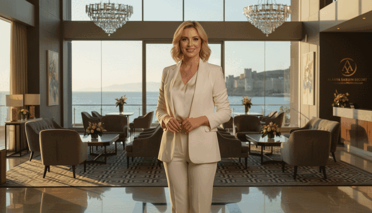 A professional blonde escort in Alanya, dressed in elegant and modest business attire, standing confidently in a stylish, luxurious hotel lobby. The foreground features her poised stance, exuding charisma and professionalism. In the middle ground, tasteful decor is visible, with plush furnishings and soft lighting creating a welcoming atmosphere. The background captures a hint of an ocean view through large glass windows, suggesting a vibrant Alanya setting. Soft, warm lighting emphasizes the inviting environment, while a slight depth of field creates focus on the escort, enhancing her presence. The overall mood is sophisticated and cosmopolitan, embodying the essence of the "alanya sarışın escort" brand while ensuring elegance and professionalism are at the forefront. A professional blonde escort in Alanya, dressed in elegant and modest business attire, standing confidently in a stylish, luxurious hotel lobby. The foreground features her poised stance, exuding charisma and professionalism. In the middle ground, tasteful decor is visible, with plush furnishings and soft lighting creating a welcoming atmosphere. The background captures a hint of an ocean view through large glass windows, suggesting a vibrant Alanya setting. Soft, warm lighting emphasizes the inviting environment, while a slight depth of field creates focus on the escort, enhancing her presence. The overall mood is sophisticated and cosmopolitan, embodying the essence of the "alanya sarışın escort" brand while ensuring elegance and professionalism are at the forefront.