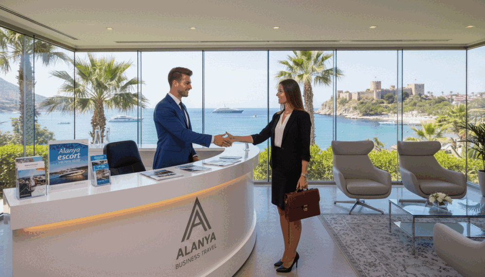 A professional business environment in Alanya, featuring a welcoming reception area showcasing "Alanya escort yat turu eşliği." In the foreground, a well-dressed host in smart business attire greets a professional client with a friendly smile. The middle layer reveals a stylish reception desk with a modern design, displaying brochures about available services in a neat arrangement. The background captures a glimpse of lush greenery and the picturesque coastline of Alanya through large windows, creating an inviting atmosphere. Soft, warm lighting accentuates the space, while a wide-angle lens creates a sense of openness and hospitality. The overall mood is one of professionalism, elegance, and comfort, embodying the essence of business travel in Alanya. A professional business environment in Alanya, featuring a welcoming reception area showcasing "Alanya escort yat turu eşliği." In the foreground, a well-dressed host in smart business attire greets a professional client with a friendly smile. The middle layer reveals a stylish reception desk with a modern design, displaying brochures about available services in a neat arrangement. The background captures a glimpse of lush greenery and the picturesque coastline of Alanya through large windows, creating an inviting atmosphere. Soft, warm lighting accentuates the space, while a wide-angle lens creates a sense of openness and hospitality. The overall mood is one of professionalism, elegance, and comfort, embodying the essence of business travel in Alanya.