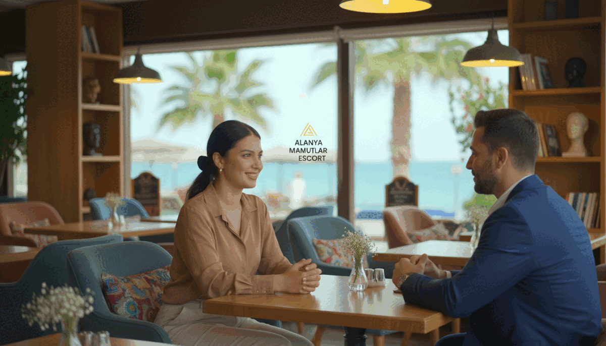 A professional business meeting scene set in a cozy, well-decorated cafe in Alanya Mahmutlar. In the foreground, a confident woman in modest casual clothing is smiling warmly, showcasing an approachable demeanor. She is engaged in conversation with a gentleman dressed in smart business attire, both seated at a table adorned with subtle floral arrangements. The middle ground features a bright, welcoming atmosphere with soft, ambient lighting that creates an inviting tone. The background includes blurred views of the cafe's elegant décor, hinting at a relaxed yet professional setting, with hints of Alanya's charming coastal vibe visible through large windows. The image reflects the theme of first impressions and initial meeting tips, perfectly embodying the essence of "alanya mahmutlar escort". The overall mood is friendly and professional, ideal for conveying a sense of connection and warmth. A professional business meeting scene set in a cozy, well-decorated cafe in Alanya Mahmutlar. In the foreground, a confident woman in modest casual clothing is smiling warmly, showcasing an approachable demeanor. She is engaged in conversation with a gentleman dressed in smart business attire, both seated at a table adorned with subtle floral arrangements. The middle ground features a bright, welcoming atmosphere with soft, ambient lighting that creates an inviting tone. The background includes blurred views of the cafe's elegant décor, hinting at a relaxed yet professional setting, with hints of Alanya's charming coastal vibe visible through large windows. The image reflects the theme of first impressions and initial meeting tips, perfectly embodying the essence of "alanya mahmutlar escort". The overall mood is friendly and professional, ideal for conveying a sense of connection and warmth.