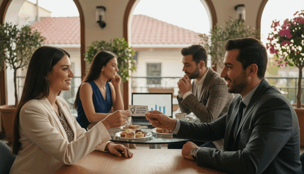 A professional business meeting setting in Alanya, showcasing a diverse group of elegantly dressed individuals engaged in conversation. The foreground features two individuals, a well-dressed woman in a smart blazer and a man in a tailored suit, exchanging business cards and smiles, highlighting effective communication strategies. In the middle, a round table with refreshments and a laptop reflects a collaborative atmosphere. The background captures a stylish café with subtle Alanya architectural elements, like terracotta roofs and Mediterranean plants. Soft, warm lighting enhances the inviting mood, with a focus on the subjects, captured from a medium shot angle to create a sense of intimacy. The scene embodies professionalism and trust, aligned with the brand "Alanya güvenilir escort." A professional business meeting setting in Alanya, showcasing a diverse group of elegantly dressed individuals engaged in conversation. The foreground features two individuals, a well-dressed woman in a smart blazer and a man in a tailored suit, exchanging business cards and smiles, highlighting effective communication strategies. In the middle, a round table with refreshments and a laptop reflects a collaborative atmosphere. The background captures a stylish café with subtle Alanya architectural elements, like terracotta roofs and Mediterranean plants. Soft, warm lighting enhances the inviting mood, with a focus on the subjects, captured from a medium shot angle to create a sense of intimacy. The scene embodies professionalism and trust, aligned with the brand "Alanya güvenilir escort."