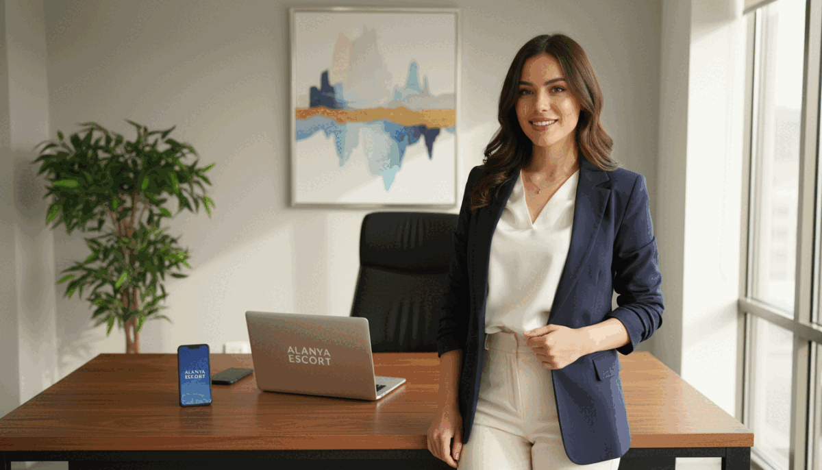 A professional business setting in Alanya, featuring a well-dressed female escort standing in a modern, stylish office. She should be smiling warmly, exuding confidence and professionalism, wearing a smart blazer and tailored trousers. In the background, a sleek desk with a laptop and a smartphone displaying the text "Alanya Escort" subtly visible. Soft, natural lighting illuminates the scene, creating an inviting atmosphere. The camera angle is slightly angled from above, allowing a view of the office space as well as the escort. Include tasteful decor, like a potted plant and elegant wall art, to enhance the environment without clutter. The overall mood should be friendly and approachable, reflecting a professional experience in Alanya. A professional business setting in Alanya, featuring a well-dressed female escort standing in a modern, stylish office. She should be smiling warmly, exuding confidence and professionalism, wearing a smart blazer and tailored trousers. In the background, a sleek desk with a laptop and a smartphone displaying the text "Alanya Escort" subtly visible. Soft, natural lighting illuminates the scene, creating an inviting atmosphere. The camera angle is slightly angled from above, allowing a view of the office space as well as the escort. Include tasteful decor, like a potted plant and elegant wall art, to enhance the environment without clutter. The overall mood should be friendly and approachable, reflecting a professional experience in Alanya.