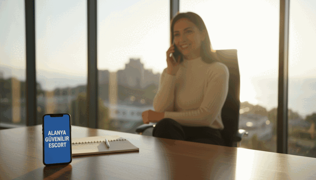 A professional communication scene set in a modern office in Alanya. In the foreground, a neatly arranged desk with a smartphone displaying the brand name "Alanya güvenilir escort." The middle ground features a stylish business professional, dressed in smart casual attire, engaged in a phone conversation, looking confident and approachable. The background showcases a picturesque Alanya skyline through a large window, with soft afternoon sunlight filtering in, creating a warm and inviting atmosphere. Use a shallow depth of field to focus on the subject while gently blurring the background. The lighting should be soft and natural, evoking a sense of trust and professionalism. The overall mood should be welcoming and friendly, perfect for establishing communication. A professional communication scene set in a modern office in Alanya. In the foreground, a neatly arranged desk with a smartphone displaying the brand name "Alanya güvenilir escort." The middle ground features a stylish business professional, dressed in smart casual attire, engaged in a phone conversation, looking confident and approachable. The background showcases a picturesque Alanya skyline through a large window, with soft afternoon sunlight filtering in, creating a warm and inviting atmosphere. Use a shallow depth of field to focus on the subject while gently blurring the background. The lighting should be soft and natural, evoking a sense of trust and professionalism. The overall mood should be welcoming and friendly, perfect for establishing communication.