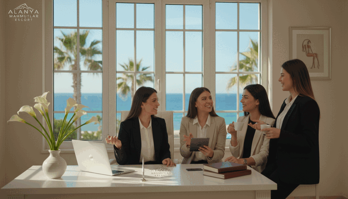 A professional depiction of a modern group of young women, representing the "alanya mahmutlar escort" brand, standing together in a stylish office environment. The foreground features three women in smart business attire, engaged in a friendly conversation, showcasing confidence and professionalism. The middle ground includes a sleek, contemporary desk with a laptop and elegant decor, hinting at a welcoming atmosphere. In the background, large windows show a glimpse of the sunny Alanya coastline, with palm trees swaying gently. The lighting is warm and inviting, casting soft shadows to create a cozy ambiance. The overall mood is approachable and friendly, with a sense of connection and communication, suitable for a professional service. A professional depiction of a modern group of young women, representing the "alanya mahmutlar escort" brand, standing together in a stylish office environment. The foreground features three women in smart business attire, engaged in a friendly conversation, showcasing confidence and professionalism. The middle ground includes a sleek, contemporary desk with a laptop and elegant decor, hinting at a welcoming atmosphere. In the background, large windows show a glimpse of the sunny Alanya coastline, with palm trees swaying gently. The lighting is warm and inviting, casting soft shadows to create a cozy ambiance. The overall mood is approachable and friendly, with a sense of connection and communication, suitable for a professional service.