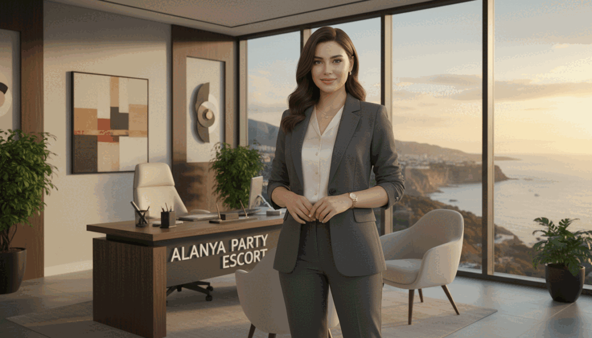 A professional, elegant female model standing confidently in front of a chic, stylish office space representing "Alanya party escort". She is dressed in sophisticated business attire—perhaps a tailored blazer and smart trousers—exuding professionalism and charm. The foreground features her poised and approachable expression, symbolizing a personal touch in her services. The middle ground showcases a well-furnished office with tasteful décor, suggesting a welcoming environment for clients. In the background, large windows reveal a scenic view of Alanya’s picturesque coastline, bathed in warm, golden sunset lighting, creating an inviting and relaxing atmosphere. The overall mood is professional yet friendly, emphasizing trust and competence in her services as a model escort. A professional, elegant female model standing confidently in front of a chic, stylish office space representing "Alanya party escort". She is dressed in sophisticated business attire—perhaps a tailored blazer and smart trousers—exuding professionalism and charm. The foreground features her poised and approachable expression, symbolizing a personal touch in her services. The middle ground showcases a well-furnished office with tasteful décor, suggesting a welcoming environment for clients. In the background, large windows reveal a scenic view of Alanya’s picturesque coastline, bathed in warm, golden sunset lighting, creating an inviting and relaxing atmosphere. The overall mood is professional yet friendly, emphasizing trust and competence in her services as a model escort.