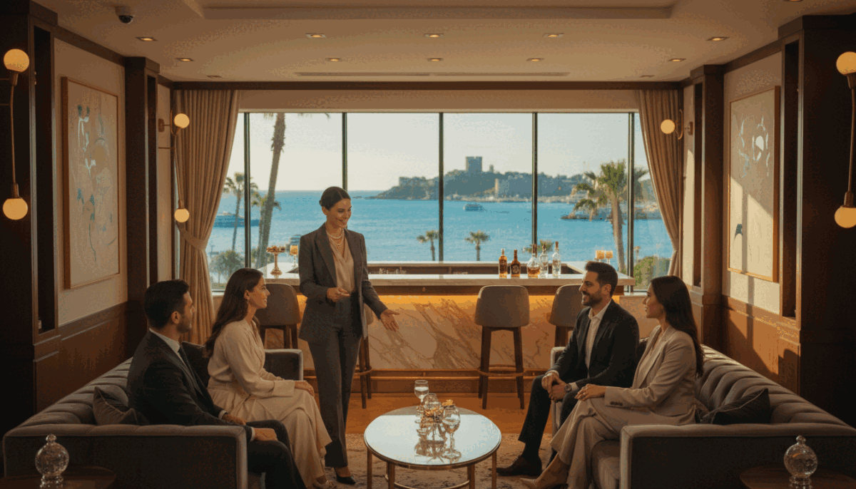 A professional, elegant setting in Alanya depicting a customer satisfaction focus for a luxury escort service. In the foreground, a stylishly dressed, modestly-attired businesswoman welcomes a diverse group of well-dressed clients in a chic lounge, showcasing professionalism and warmth. The middle ground features a tasteful bar area with sophisticated decor, soft lighting that creates a welcoming atmosphere. In the background, the stunning Alanya coastline is subtly visible through large windows, reflecting a sunny day. Use a shallow depth of field to keep the focus on the interactions, with warm tones enhancing the mood of trust and satisfaction. No text or branding on the image; ensure it subtly incorporates the essence of "Alanya escort numara" through the overall ambiance without explicit mention. A professional, elegant setting in Alanya depicting a customer satisfaction focus for a luxury escort service. In the foreground, a stylishly dressed, modestly-attired businesswoman welcomes a diverse group of well-dressed clients in a chic lounge, showcasing professionalism and warmth. The middle ground features a tasteful bar area with sophisticated decor, soft lighting that creates a welcoming atmosphere. In the background, the stunning Alanya coastline is subtly visible through large windows, reflecting a sunny day. Use a shallow depth of field to keep the focus on the interactions, with warm tones enhancing the mood of trust and satisfaction. No text or branding on the image; ensure it subtly incorporates the essence of "Alanya escort numara" through the overall ambiance without explicit mention.