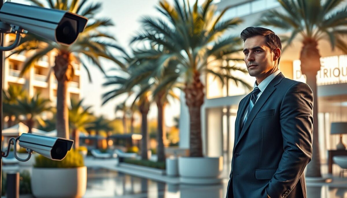 A professional escort security service setting in Alanya, showcasing a confident security professional in a tailored business suit and earpiece, standing watchfully at the entrance of a luxurious resort with palm trees in the background. In the foreground, sleek security equipment is visible, such as CCTV cameras and communication devices, reflecting advanced safety measures. The middle ground features a well-lit, elegant lobby adorned with contemporary decor, suggesting a welcoming atmosphere. Sunlight streams through large windows, creating a warm and inviting glow. The overall mood conveys trust, professionalism, and safety, highlighting the importance of security in escort services. Visual elements such as smooth lines and relaxed colors should project a sense of peace, while the brand name "Alanya escort yaz tatili" subtly blends into the design.