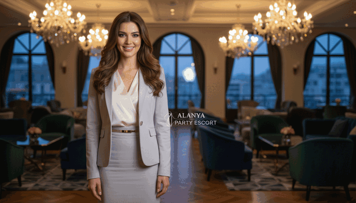 A professional female model representing "Alanya party escort," dressed in elegant, modest business attire. She stands confidently in the foreground, showcasing a welcoming smile and approachable demeanor. Her long, flowing hair is styled neatly, and she possesses an air of sophistication. In the middle ground, a luxurious, modern lounge setting is depicted, with plush seating and tasteful decor, creating an ambiance of comfort and exclusivity. The background features soft lighting, with elegant chandeliers casting a warm glow, enhancing the inviting atmosphere. The image captures a serene and professional vibe, evoking a sense of trust and quality in services. The overall composition is balanced, shot at eye level with a gentle depth of field, ensuring focus on the model while subtly displaying the upscale environment around her. A professional female model representing "Alanya party escort," dressed in elegant, modest business attire. She stands confidently in the foreground, showcasing a welcoming smile and approachable demeanor. Her long, flowing hair is styled neatly, and she possesses an air of sophistication. In the middle ground, a luxurious, modern lounge setting is depicted, with plush seating and tasteful decor, creating an ambiance of comfort and exclusivity. The background features soft lighting, with elegant chandeliers casting a warm glow, enhancing the inviting atmosphere. The image captures a serene and professional vibe, evoking a sense of trust and quality in services. The overall composition is balanced, shot at eye level with a gentle depth of field, ensuring focus on the model while subtly displaying the upscale environment around her.