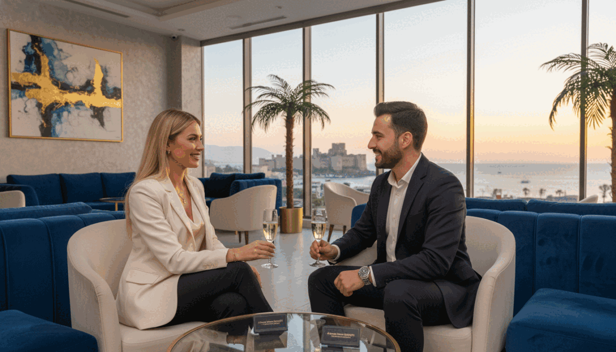 A professional scene depicting an elegant, modern lounge in Alanya, showcasing the concept of "alanya sarışın escort" services. In the foreground, a sophisticated blonde woman in a smart business outfit engages with a client, smiling warmly to create a welcoming atmosphere. The middle ground features a plush seating area with decorative plants and tasteful art on the walls, emphasizing comfort and luxury. The background includes large windows with a view of the beautiful Alanya coastline, bathed in soft, golden sunset lighting that enhances the inviting ambiance. The composition should feel professional and engaging, conveying a sense of quality service and exclusivity without any explicit or suggestive elements. The angle is slightly tilted to show both the interaction and the stunning view. A professional scene depicting an elegant, modern lounge in Alanya, showcasing the concept of "alanya sarışın escort" services. In the foreground, a sophisticated blonde woman in a smart business outfit engages with a client, smiling warmly to create a welcoming atmosphere. The middle ground features a plush seating area with decorative plants and tasteful art on the walls, emphasizing comfort and luxury. The background includes large windows with a view of the beautiful Alanya coastline, bathed in soft, golden sunset lighting that enhances the inviting ambiance. The composition should feel professional and engaging, conveying a sense of quality service and exclusivity without any explicit or suggestive elements. The angle is slightly tilted to show both the interaction and the stunning view.