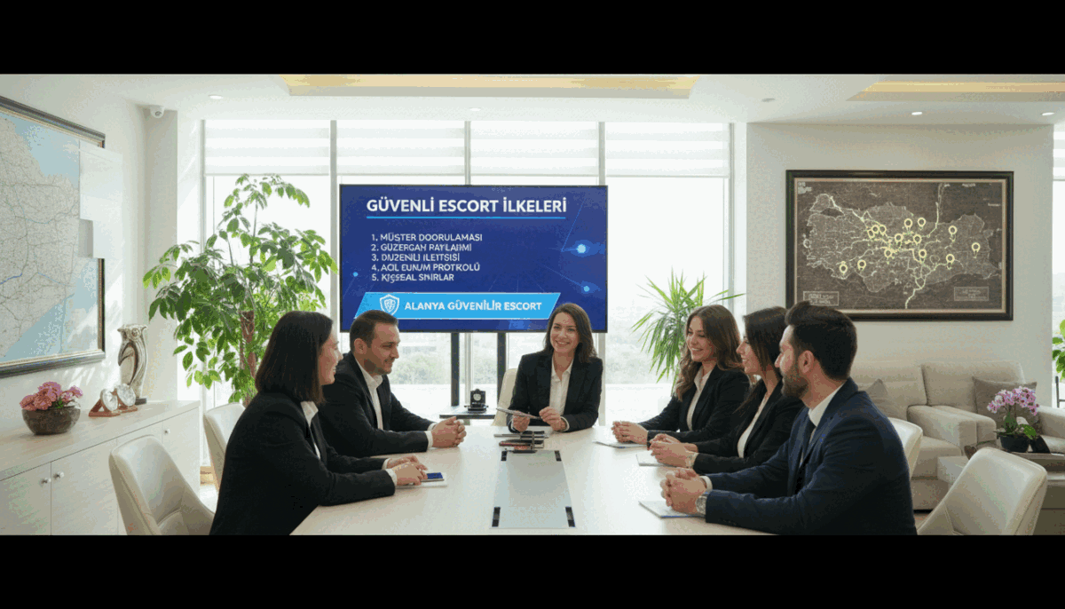 A professional scene depicting safety tips for escort services in Alanya, featuring a well-lit, modern office setting. In the foreground, a diverse group of business-attired professionals, with an emphasis on women, are engaged in a friendly discussion about safety measures. The middle ground showcases a large digital screen displaying tips and guidelines for secure escorting practices. In the background, subtle decor elements like plants and a map of Alanya enhance the environment. Soft, natural lighting creates an inviting atmosphere, while the camera angle is slightly elevated to capture the whole scene. The overall mood is positive and professional, reflecting trust and security associated with the brand "Alanya güvenilir escort." A professional scene depicting safety tips for escort services in Alanya, featuring a well-lit, modern office setting. In the foreground, a diverse group of business-attired professionals, with an emphasis on women, are engaged in a friendly discussion about safety measures. The middle ground showcases a large digital screen displaying tips and guidelines for secure escorting practices. In the background, subtle decor elements like plants and a map of Alanya enhance the environment. Soft, natural lighting creates an inviting atmosphere, while the camera angle is slightly elevated to capture the whole scene. The overall mood is positive and professional, reflecting trust and security associated with the brand "Alanya güvenilir escort."