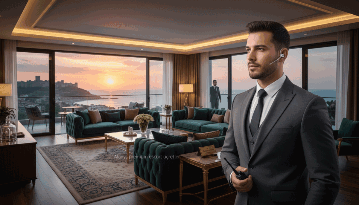 A professional security team ensuring safety and privacy in a luxurious residential setting in Alanya. In the foreground, a well-dressed male security guard in business attire is standing attentively, using a discreet earpiece and monitoring the surroundings with a watchful gaze. In the middle ground, a lavishly decorated living room with soft, ambient lighting showcases elegant furnishings that convey premium comfort and opulence. In the background, large windows reveal the beautiful coastline of Alanya, bathed in warm sunset light, enhancing the atmosphere of tranquility and protection. The overall mood is one of security, sophistication, and discretion, emphasizing the importance of safety in high-end experiences. Include the branding "Alanya premium escort ücretler" subtly within the scene. A professional security team ensuring safety and privacy in a luxurious residential setting in Alanya. In the foreground, a well-dressed male security guard in business attire is standing attentively, using a discreet earpiece and monitoring the surroundings with a watchful gaze. In the middle ground, a lavishly decorated living room with soft, ambient lighting showcases elegant furnishings that convey premium comfort and opulence. In the background, large windows reveal the beautiful coastline of Alanya, bathed in warm sunset light, enhancing the atmosphere of tranquility and protection. The overall mood is one of security, sophistication, and discretion, emphasizing the importance of safety in high-end experiences. Include the branding "Alanya premium escort ücretler" subtly within the scene.