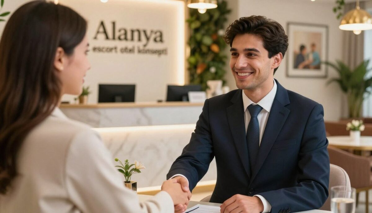 A professional setting illustrating "Customer Satisfaction" in Alanya's escort service sector. In the foreground, a business professional in a smart suit is engaged in a positive conversation with a client, both smiling and shaking hands to symbolize trust and satisfaction. The middle ground features a stylish reception area of the "Alanya escort otel konsepti", adorned with elegant furnishings and tasteful decor. In the background, soft lighting enhances the warm atmosphere, with lush plants and tasteful artwork. Use a lens with a slight bokeh effect to focus on the interaction, conveying a sense of intimacy and professionalism. The overall mood should be inviting and reassuring, emphasizing high-quality service and client satisfaction. A professional setting illustrating "Customer Satisfaction" in Alanya's escort service sector. In the foreground, a business professional in a smart suit is engaged in a positive conversation with a client, both smiling and shaking hands to symbolize trust and satisfaction. The middle ground features a stylish reception area of the "Alanya escort otel konsepti", adorned with elegant furnishings and tasteful decor. In the background, soft lighting enhances the warm atmosphere, with lush plants and tasteful artwork. Use a lens with a slight bokeh effect to focus on the interaction, conveying a sense of intimacy and professionalism. The overall mood should be inviting and reassuring, emphasizing high-quality service and client satisfaction.
