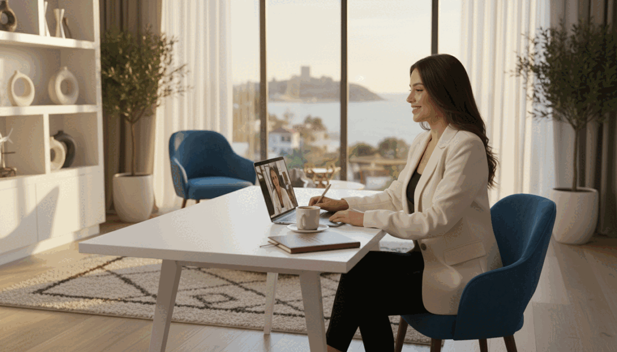 A professional setting in Alanya showcasing an elegant office space, with a well-dressed individual in business attire sitting at a modern desk, engaged in a conversation over a laptop. The foreground features a clean workspace with a notepad and a cup of coffee, while the middle includes a stylish, tasteful office environment with subtle decor reflecting Mediterranean design elements. In the background, soft natural light filters through large windows, illuminating the scene and creating a warm, inviting atmosphere. The individual is expressing confidence and professionalism, embodying a trustworthy and reliable demeanor, representing "alanya escort" services. The overall mood conveys a sense of security and professionalism, ideal for potential clients seeking trusted escort services. A professional setting in Alanya showcasing an elegant office space, with a well-dressed individual in business attire sitting at a modern desk, engaged in a conversation over a laptop. The foreground features a clean workspace with a notepad and a cup of coffee, while the middle includes a stylish, tasteful office environment with subtle decor reflecting Mediterranean design elements. In the background, soft natural light filters through large windows, illuminating the scene and creating a warm, inviting atmosphere. The individual is expressing confidence and professionalism, embodying a trustworthy and reliable demeanor, representing "alanya escort" services. The overall mood conveys a sense of security and professionalism, ideal for potential clients seeking trusted escort services.