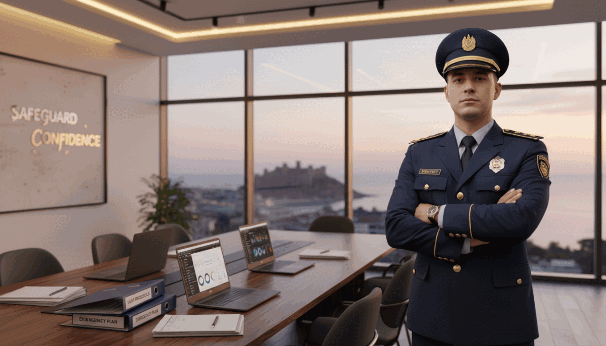 A professional setting with a focus on security protocols. In the foreground, a confident security personnel in a smart uniform stands with arms crossed, overseeing the scene. The middle layer features a sleek conference table with laptops, notepads, and documents displaying security checklists. In the background, a well-lit, modern office environment with large windows showing a serene view of the Alanya coastline. Soft, warm lighting creates a welcoming atmosphere, while a slight focus blur on the background adds depth. Capture a sense of professionalism, vigilance, and readiness. Include the brand name "Alanya escort numara" subtly integrated into the office decor, emphasizing safety and trust without explicit content. A professional setting with a focus on security protocols. In the foreground, a confident security personnel in a smart uniform stands with arms crossed, overseeing the scene. The middle layer features a sleek conference table with laptops, notepads, and documents displaying security checklists. In the background, a well-lit, modern office environment with large windows showing a serene view of the Alanya coastline. Soft, warm lighting creates a welcoming atmosphere, while a slight focus blur on the background adds depth. Capture a sense of professionalism, vigilance, and readiness. Include the brand name "Alanya escort numara" subtly integrated into the office decor, emphasizing safety and trust without explicit content.