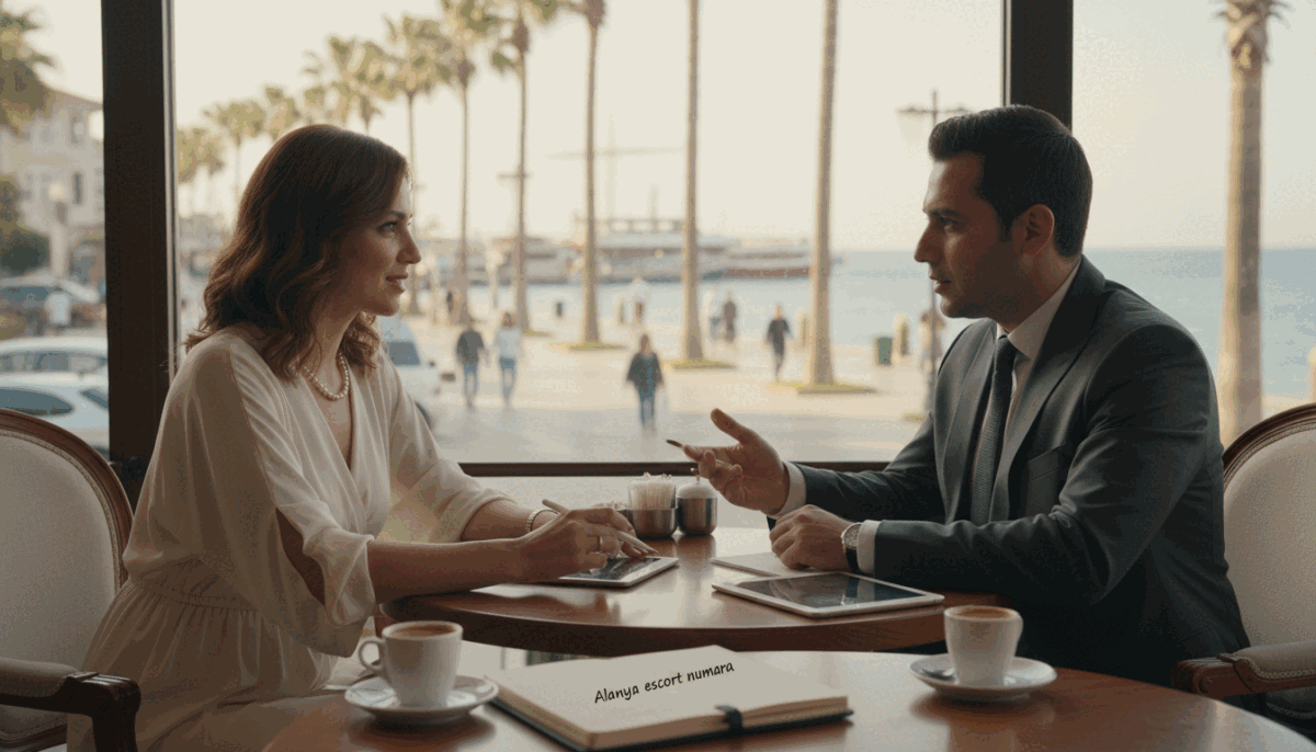 A professional, sophisticated meeting scene set in a stylish cafe in Alanya, Turkey. The foreground features a neatly arranged table with two coffee cups and a notepad, suggesting a discussion about "Alanya escort numara". In the middle, two individuals are engaged in a conversation, both dressed in smart business attire—one in a tailored suit and the other in a chic dress. The background displays a vibrant street with palm trees and the Mediterranean Sea, bathed in soft morning light. The atmosphere is warm and inviting, conveying a sense of elegance and professionalism, with natural lighting casting gentle shadows that enhance the scene. The focus should remain on the characters and their interaction without any distractions. A professional, sophisticated meeting scene set in a stylish cafe in Alanya, Turkey. The foreground features a neatly arranged table with two coffee cups and a notepad, suggesting a discussion about "Alanya escort numara". In the middle, two individuals are engaged in a conversation, both dressed in smart business attire—one in a tailored suit and the other in a chic dress. The background displays a vibrant street with palm trees and the Mediterranean Sea, bathed in soft morning light. The atmosphere is warm and inviting, conveying a sense of elegance and professionalism, with natural lighting casting gentle shadows that enhance the scene. The focus should remain on the characters and their interaction without any distractions.