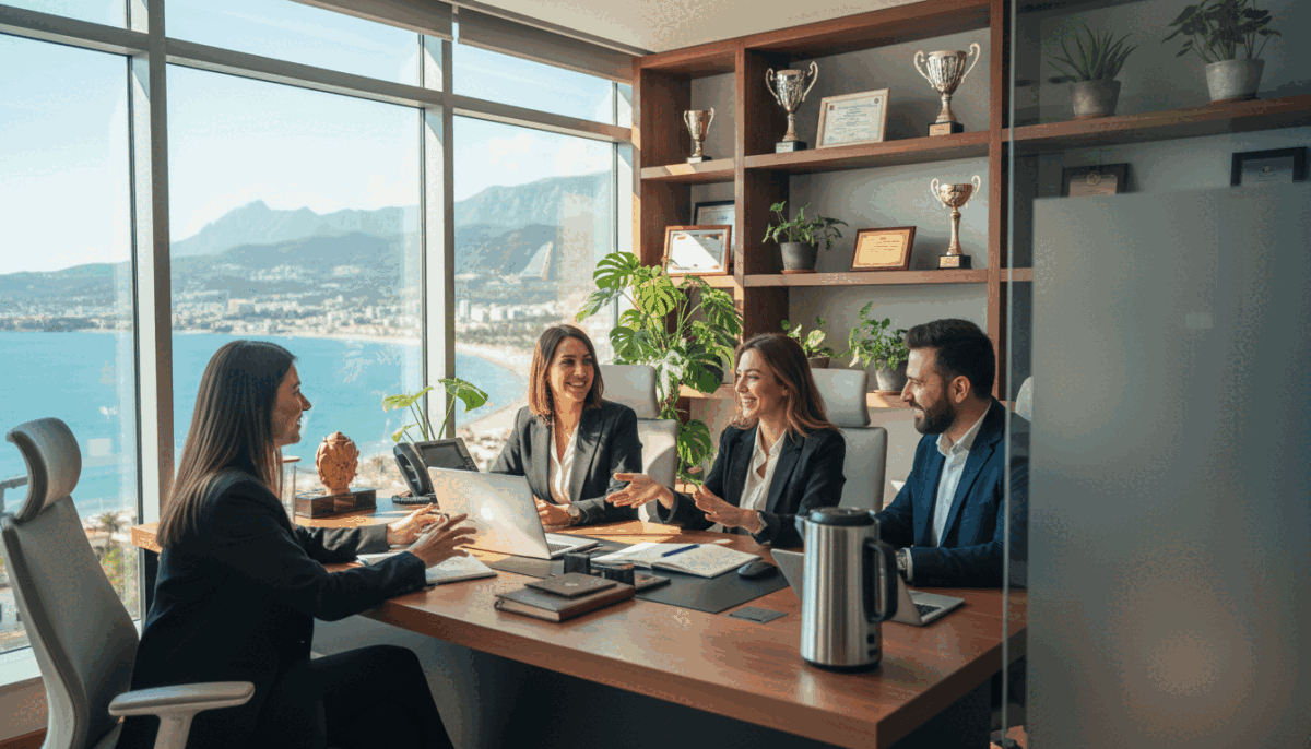 A professional team of matchmakers in Alanya, working together in a modern office environment. The foreground features three individuals, two women and one man, engaged in a friendly discussion, dressed in professional business attire. They are surrounded by a stylish desk with laptops, notepads, and a coffee maker. In the middle ground, a large window showcases a view of Alanya's stunning coastline and mountains, with bright daylight streaming in, casting soft shadows. The background includes shelves adorned with awards and plants, adding vibrancy to the space. The overall mood is collaborative and inviting, reflecting professionalism and warmth, emphasizing the theme of "Alanya güvenilir escort." Use vibrant colors and soft focus to enhance the atmosphere. A professional team of matchmakers in Alanya, working together in a modern office environment. The foreground features three individuals, two women and one man, engaged in a friendly discussion, dressed in professional business attire. They are surrounded by a stylish desk with laptops, notepads, and a coffee maker. In the middle ground, a large window showcases a view of Alanya's stunning coastline and mountains, with bright daylight streaming in, casting soft shadows. The background includes shelves adorned with awards and plants, adding vibrancy to the space. The overall mood is collaborative and inviting, reflecting professionalism and warmth, emphasizing the theme of "Alanya güvenilir escort." Use vibrant colors and soft focus to enhance the atmosphere.