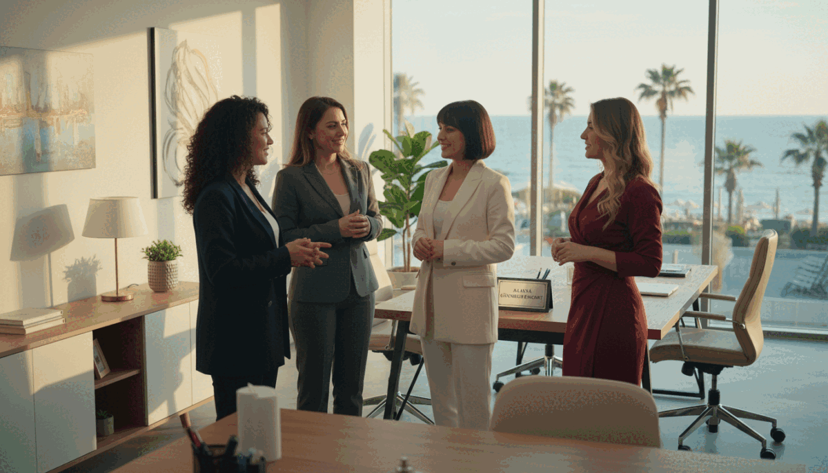 A professional team of women from the "Alanya güvenilir escort" agency, dressed in smart business attire, standing confidently in a modern office environment. The foreground features three diverse team members engaged in discussion, showcasing a friendly and professional demeanor. The middle ground reveals a tasteful and well-organized workspace, with elegant decorations and soft lighting creating a welcoming atmosphere. In the background, large windows provide a view of Alanya's beautiful coastline, bathed in warm sunlight, symbolizing a professional yet relaxed vibe. The scene is captured with a soft focus lens that adds an inviting warmth to the image, emphasizing the team's professionalism and dedication to providing exceptional service. The overall mood is approachable, reliable, and focused on professionalism. A professional team of women from the "Alanya güvenilir escort" agency, dressed in smart business attire, standing confidently in a modern office environment. The foreground features three diverse team members engaged in discussion, showcasing a friendly and professional demeanor. The middle ground reveals a tasteful and well-organized workspace, with elegant decorations and soft lighting creating a welcoming atmosphere. In the background, large windows provide a view of Alanya's beautiful coastline, bathed in warm sunlight, symbolizing a professional yet relaxed vibe. The scene is captured with a soft focus lens that adds an inviting warmth to the image, emphasizing the team's professionalism and dedication to providing exceptional service. The overall mood is approachable, reliable, and focused on professionalism.