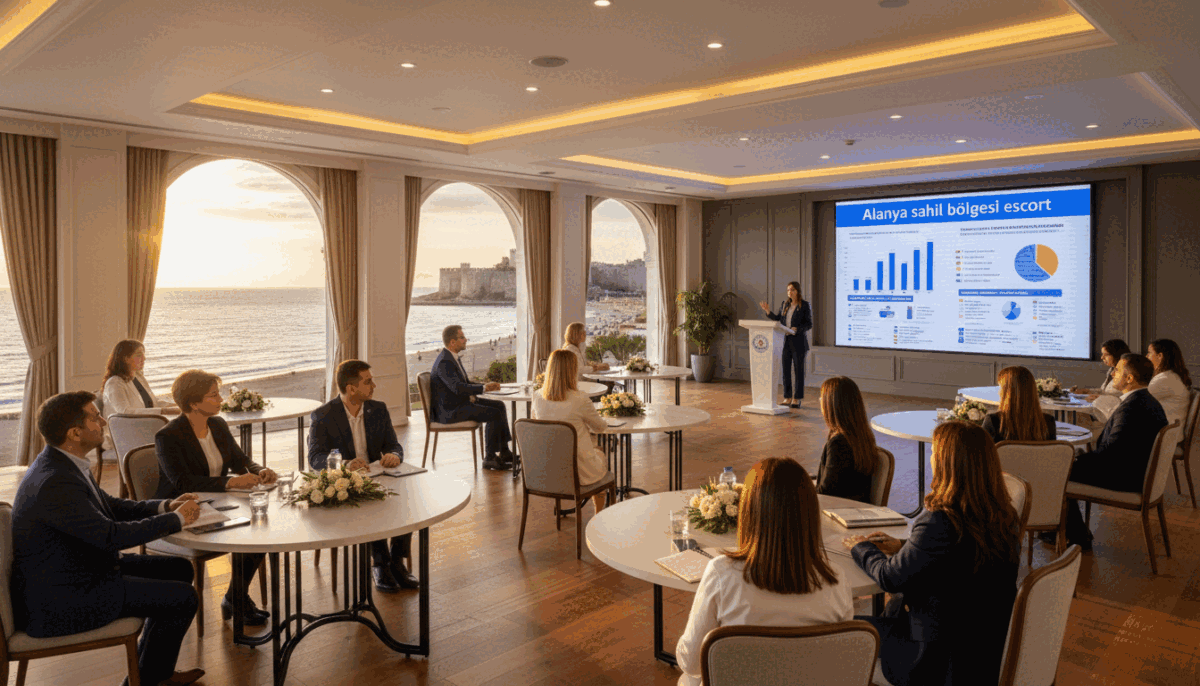 A professional training session for escort services taking place in a bright, elegantly decorated conference room overlooking the stunning Alanya coastline. In the foreground, a diverse group of individuals dressed in smart business attire is attentively listening to a speaker at a podium, who is providing insights on safety and professionalism in the escort industry. The middle of the scene features a large screen displaying “Alanya sahil bölgesi escort” with various graphs and informative visuals about client relations and personal safety. In the background, large windows showcase the picturesque sea and beach landscape bathed in warm, natural light, creating an inviting and educational atmosphere. The overall mood is one of professionalism, respect, and empowerment, emphasizing the importance of training and informed choices in the escort service industry. A professional training session for escort services taking place in a bright, elegantly decorated conference room overlooking the stunning Alanya coastline. In the foreground, a diverse group of individuals dressed in smart business attire is attentively listening to a speaker at a podium, who is providing insights on safety and professionalism in the escort industry. The middle of the scene features a large screen displaying “Alanya sahil bölgesi escort” with various graphs and informative visuals about client relations and personal safety. In the background, large windows showcase the picturesque sea and beach landscape bathed in warm, natural light, creating an inviting and educational atmosphere. The overall mood is one of professionalism, respect, and empowerment, emphasizing the importance of training and informed choices in the escort service industry.