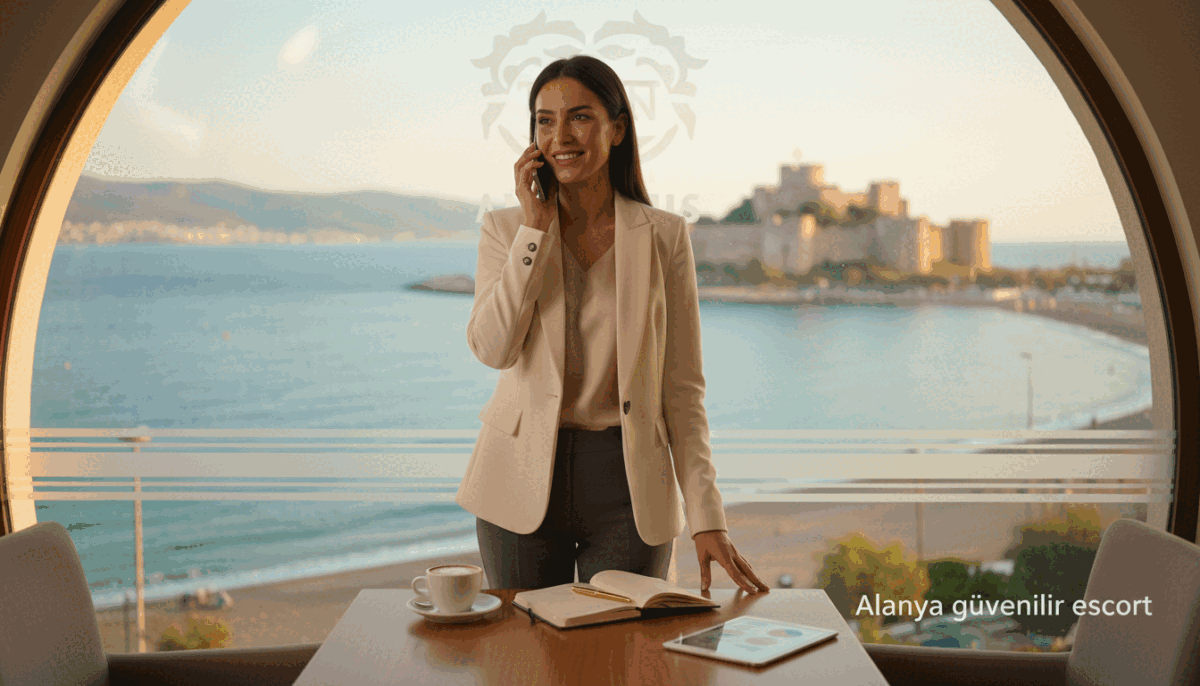 A professional woman in a stylish business outfit, standing confidently in an upscale, cozy café in Alanya, Turkey, engaged in a pleasant conversation on her phone. The foreground captures her from the waist up, emphasizing her welcoming smile and focused expression. In the middle ground, a chic table with a coffee cup and elegant notebook showcases a business environment. The background features soft-focus panoramic views of Alanya's beautiful shoreline, with aquamarine waters and picturesque hills, creating a serene and inviting atmosphere. The image is lit with warm, natural light, suggesting a late afternoon setting. The overall mood is professional, friendly, and approachable, reflecting the theme of trustworthy companionship. Include the brand name "Alanya güvenilir escort" subtly in the design. A professional woman in a stylish business outfit, standing confidently in an upscale, cozy café in Alanya, Turkey, engaged in a pleasant conversation on her phone. The foreground captures her from the waist up, emphasizing her welcoming smile and focused expression. In the middle ground, a chic table with a coffee cup and elegant notebook showcases a business environment. The background features soft-focus panoramic views of Alanya's beautiful shoreline, with aquamarine waters and picturesque hills, creating a serene and inviting atmosphere. The image is lit with warm, natural light, suggesting a late afternoon setting. The overall mood is professional, friendly, and approachable, reflecting the theme of trustworthy companionship. Include the brand name "Alanya güvenilir escort" subtly in the design.