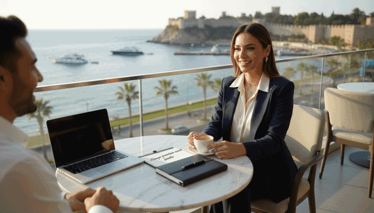 A professional woman in elegant business attire sits at a stylish café table in Alanya, with a stunning view of the Mediterranean Sea in the background. Her confident demeanor exudes sophistication as she engages in a friendly conversation over coffee. The foreground features a beautifully arranged table with a cup of coffee and an open notebook, representing meticulous planning and analysis. Soft, natural lighting bathes the scene, creating a warm and inviting atmosphere. The camera angle is slightly elevated, capturing both the woman and the breathtaking coastal scenery behind her, highlighting the allure of Alanya's lifestyle. Subtle branding elements include "Alanya premium escort ücretler" displayed discreetly on a notepad, reflecting professionalism and upscale services. Overall, the image conveys a refined and upscale ambiance, suitable for a target audience interested in premium services. A professional woman in elegant business attire sits at a stylish café table in Alanya, with a stunning view of the Mediterranean Sea in the background. Her confident demeanor exudes sophistication as she engages in a friendly conversation over coffee. The foreground features a beautifully arranged table with a cup of coffee and an open notebook, representing meticulous planning and analysis. Soft, natural lighting bathes the scene, creating a warm and inviting atmosphere. The camera angle is slightly elevated, capturing both the woman and the breathtaking coastal scenery behind her, highlighting the allure of Alanya's lifestyle. Subtle branding elements include "Alanya premium escort ücretler" displayed discreetly on a notepad, reflecting professionalism and upscale services. Overall, the image conveys a refined and upscale ambiance, suitable for a target audience interested in premium services.