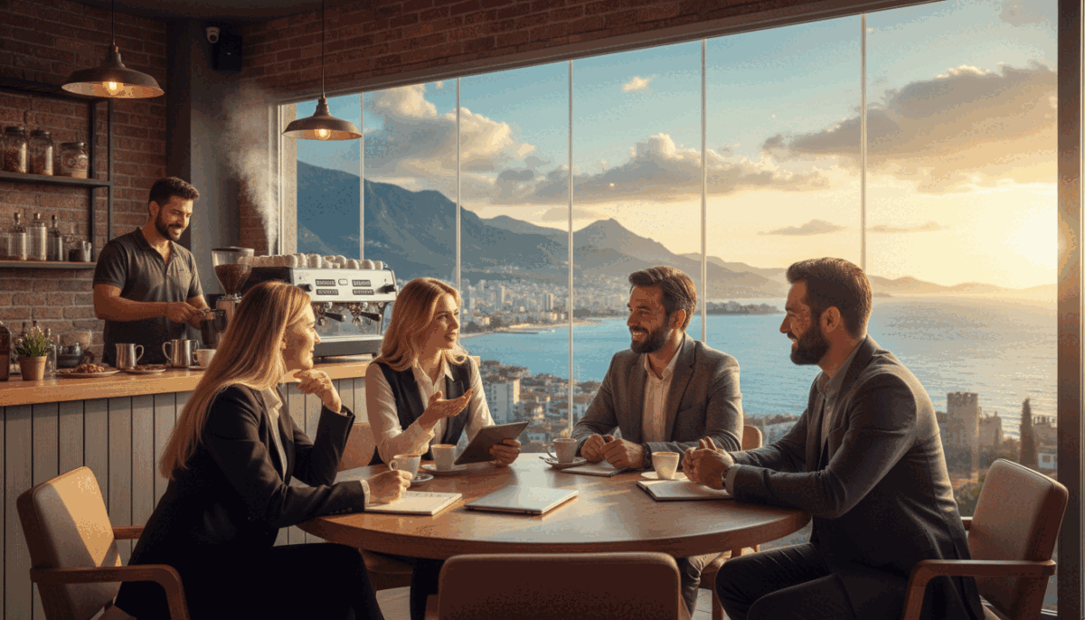 A professionally styled scene depicting a diverse group of individuals engaged in an interactive meeting at a modern cafe in Alanya. In the foreground, two men and two women, dressed in smart casual and business attire, are seated at a round table, discussing and sharing ideas enthusiastically. In the middle ground, a friendly barista prepares coffee, adding warmth to the setting. The background features a panoramic view of Alanya's coastal skyline, showcasing the beautiful blend of sea and mountains under clear blue skies during golden hour lighting, providing a warm and inviting atmosphere. The image captures the essence of connection and collaboration, reflecting the theme of "alanya sarışın escort" while emphasizing a professional and inviting tone. A professionally styled scene depicting a diverse group of individuals engaged in an interactive meeting at a modern cafe in Alanya. In the foreground, two men and two women, dressed in smart casual and business attire, are seated at a round table, discussing and sharing ideas enthusiastically. In the middle ground, a friendly barista prepares coffee, adding warmth to the setting. The background features a panoramic view of Alanya's coastal skyline, showcasing the beautiful blend of sea and mountains under clear blue skies during golden hour lighting, providing a warm and inviting atmosphere. The image captures the essence of connection and collaboration, reflecting the theme of "alanya sarışın escort" while emphasizing a professional and inviting tone.