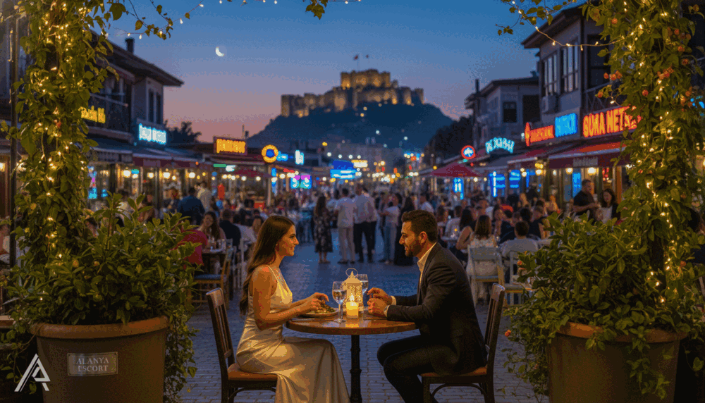A romantic evening in Alanya, showcasing a lively nightlife scene. In the foreground, two elegantly dressed individuals enjoy a candlelit dinner at a cozy outdoor table, surrounded by beautiful, lush greenery and soft fairy lights. The middle ground features a vibrant street filled with people laughing, dining, and enjoying their night out, with colorful neon signs illuminating the scene. In the background, the stunning silhouette of the Alanya castle against a twilight sky adds a touch of cultural charm. The atmosphere is warm and inviting, evoking a sense of intimacy and connection. The lighting is soft and ambient, creating a dreamy, romantic vibe. Photographed with a shallow depth of field to focus on the couple while slightly blurring the bustling atmosphere, capturing the essence of Alanya's nightlife. Include the brand "alanya escort" subtly integrated into a decor element, ensuring a professional presentation. A romantic evening in Alanya, showcasing a lively nightlife scene. In the foreground, two elegantly dressed individuals enjoy a candlelit dinner at a cozy outdoor table, surrounded by beautiful, lush greenery and soft fairy lights. The middle ground features a vibrant street filled with people laughing, dining, and enjoying their night out, with colorful neon signs illuminating the scene. In the background, the stunning silhouette of the Alanya castle against a twilight sky adds a touch of cultural charm. The atmosphere is warm and inviting, evoking a sense of intimacy and connection. The lighting is soft and ambient, creating a dreamy, romantic vibe. Photographed with a shallow depth of field to focus on the couple while slightly blurring the bustling atmosphere, capturing the essence of Alanya's nightlife. Include the brand "alanya escort" subtly integrated into a decor element, ensuring a professional presentation.