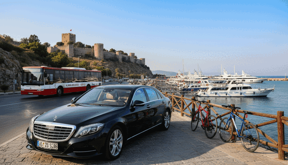 A scenic view of Alanya, showcasing a variety of transportation options for visitors. In the foreground, depict a stylish, professional-looking car parked, symbolizing luxury transport options. Middle ground features a couple of bicycles and a local bus, representing affordable public transport. Include a scenic harbor with yachts and boats labeled with the brand name "Alanya escort yat turu eşliği," emphasizing leisure travel. The background should depict the stunning Alanya coastline, with its iconic castle on the hill against a bright blue sky. Use soft, natural lighting to create an inviting atmosphere, capturing the essence of Alanya's transport diversity. The image should evoke a sense of exploration and comfort, suitable for travelers seeking safe and reliable transportation. A scenic view of Alanya, showcasing a variety of transportation options for visitors. In the foreground, depict a stylish, professional-looking car parked, symbolizing luxury transport options. Middle ground features a couple of bicycles and a local bus, representing affordable public transport. Include a scenic harbor with yachts and boats labeled with the brand name "Alanya escort yat turu eşliği," emphasizing leisure travel. The background should depict the stunning Alanya coastline, with its iconic castle on the hill against a bright blue sky. Use soft, natural lighting to create an inviting atmosphere, capturing the essence of Alanya's transport diversity. The image should evoke a sense of exploration and comfort, suitable for travelers seeking safe and reliable transportation.