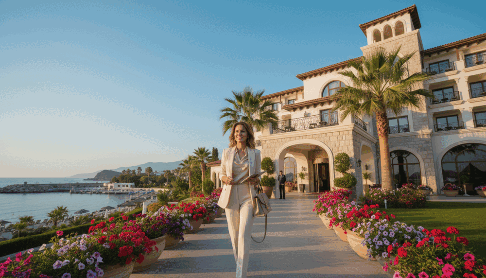 A scenic view of a luxury hotel in Alanya, capturing a VIP woman arriving for a meeting service. The foreground features a professional woman dressed in elegant business attire, confidently walking towards the entrance with a warm smile. In the middle ground, the hotel showcases striking Mediterranean architecture, adorned with palm trees, and bright flower arrangements that enhance the welcoming atmosphere. The background reveals a clear blue sky and the sparkling turquoise waters of the Mediterranean Sea, conveying a sense of relaxation and luxury. The image is illuminated by soft, golden sunlight, creating a warm and inviting glow. The composition is shot from a low angle, emphasizing the grandeur of the hotel and the sophistication of the arrival. No text or watermarks are included.