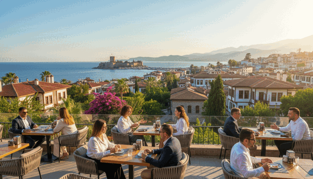 A scenic view of the coastal city of Alanya in Turkey, showcasing a vibrant atmosphere. In the foreground, a stylish café with patrons enjoying coffee, representing social interactions. Ensure the individuals are dressed in professional business attire or modest casual clothing, engaged in animated conversations. In the middle ground, capture the city’s beautiful architecture and lush greenery, reflecting its rich cultural heritage. The background features the stunning turquoise Mediterranean Sea under clear blue skies, with distant hills and castles adding a sense of depth. Use warm, inviting lighting to create a friendly, welcoming mood, with a slight lens flare to enhance the sunlit ambiance. Emphasize the essence of leisure and companionship, epitomizing the "alanya escort" experience.
