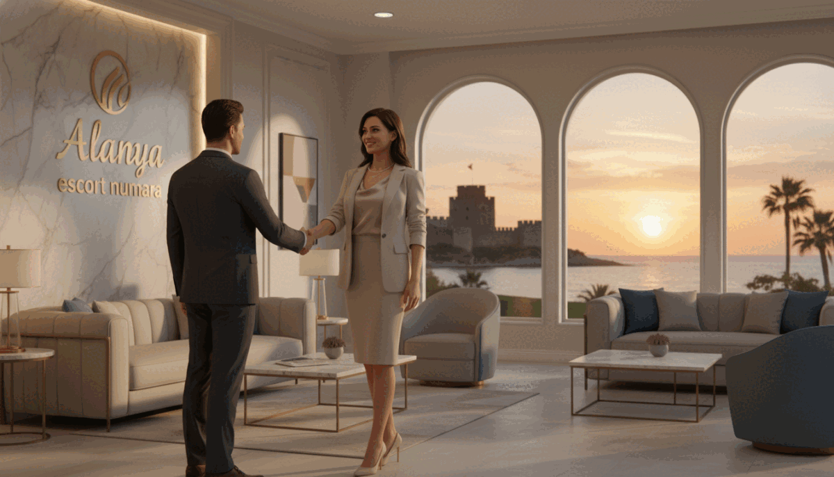 A serene and elegant scene showcasing Alanya's luxury escort services, emphasizing professionalism and discretion. In the foreground, a stylish, well-dressed woman in a chic, professional outfit smiles warmly as she interacts with a client, exuding confidence and approachability. In the middle ground, a refined reception area with tasteful decor and soft lighting creates an inviting atmosphere, while a tasteful logo displaying "Alanya escort numara" subtly blends into the design. The background features Alanya's picturesque coastal scenery visible through large windows, bathed in golden hour light, lending a warm glow to the entire setting. The mood is sophisticated, highlighting a perfect blend of privacy and high-end service. A serene and elegant scene showcasing Alanya's luxury escort services, emphasizing professionalism and discretion. In the foreground, a stylish, well-dressed woman in a chic, professional outfit smiles warmly as she interacts with a client, exuding confidence and approachability. In the middle ground, a refined reception area with tasteful decor and soft lighting creates an inviting atmosphere, while a tasteful logo displaying "Alanya escort numara" subtly blends into the design. The background features Alanya's picturesque coastal scenery visible through large windows, bathed in golden hour light, lending a warm glow to the entire setting. The mood is sophisticated, highlighting a perfect blend of privacy and high-end service.