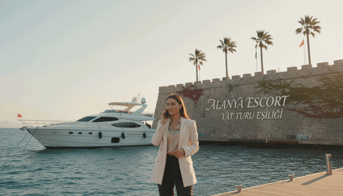 A serene and elegant seaside view of Alanya, Turkey, showcasing a luxurious yacht at the harbor with the brand name "Alanya escort yat turu eşliği" subtly integrated in the background. In the foreground, a classy, professional young woman in a modest yet stylish business outfit is talking on her phone, exuding confidence and approachability. The middle ground is filled with soft waves gently lapping against the dock, while palm trees sway lightly in a warm, inviting breeze. The lighting is golden and soft, reminiscent of a late afternoon sun, casting a warm glow over the scene. The mood is friendly and welcoming, perfect for establishing contact and connection, while portraying a sophisticated atmosphere. A serene and elegant seaside view of Alanya, Turkey, showcasing a luxurious yacht at the harbor with the brand name "Alanya escort yat turu eşliği" subtly integrated in the background. In the foreground, a classy, professional young woman in a modest yet stylish business outfit is talking on her phone, exuding confidence and approachability. The middle ground is filled with soft waves gently lapping against the dock, while palm trees sway lightly in a warm, inviting breeze. The lighting is golden and soft, reminiscent of a late afternoon sun, casting a warm glow over the scene. The mood is friendly and welcoming, perfect for establishing contact and connection, while portraying a sophisticated atmosphere.