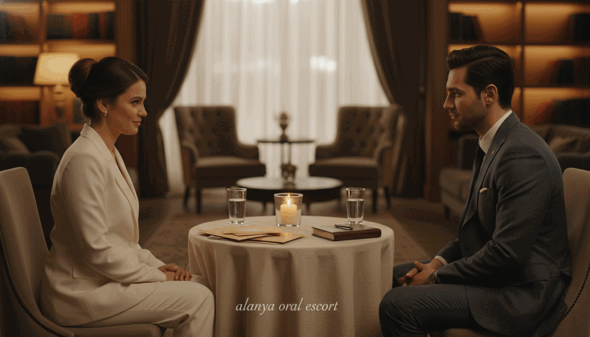 A serene and elegant setting that symbolizes mutual respect and confidentiality, perfect for the concept of "karşılıklı saygı ve gizlilik". In the foreground, two individuals, a man and a woman, are engaged in a respectful conversation, both dressed in smart, professional attire. The woman has her hair neatly styled, and the man is wearing a tailored suit. In the middle ground, softly arranged elements such as a delicate table with a neutral tablecloth, a candle, and two glasses of water suggest a calm atmosphere. The background features a softly lit, luxurious indoor space with warm lighting that creates an inviting mood. Use a shallow depth of field to draw focus to the subjects while keeping the background slightly blurred. The overall atmosphere should convey professionalism and an intimate, safe environment for meaningful interactions, reflecting the essence of "alanya oral escort". A serene and elegant setting that symbolizes mutual respect and confidentiality, perfect for the concept of "karşılıklı saygı ve gizlilik". In the foreground, two individuals, a man and a woman, are engaged in a respectful conversation, both dressed in smart, professional attire. The woman has her hair neatly styled, and the man is wearing a tailored suit. In the middle ground, softly arranged elements such as a delicate table with a neutral tablecloth, a candle, and two glasses of water suggest a calm atmosphere. The background features a softly lit, luxurious indoor space with warm lighting that creates an inviting mood. Use a shallow depth of field to draw focus to the subjects while keeping the background slightly blurred. The overall atmosphere should convey professionalism and an intimate, safe environment for meaningful interactions, reflecting the essence of "alanya oral escort".