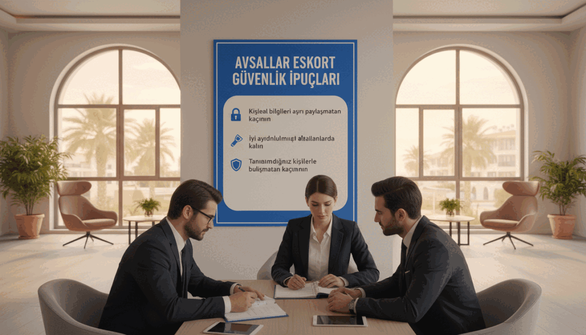 A serene and informative scene focused on safety tips, centered on the theme of "güvenlik ipuçları." In the foreground, a diverse group of three professionals, dressed in smart business attire, are engaged in a discussion while reviewing safety materials. The middle ground features a large poster displaying essential safety tips, like avoiding excessive sharing of personal information and staying in well-lit areas, clearly visible. The background showcases a modern and welcoming environment, perhaps a stylish office or community space in Alanya, with soft, natural lighting filtering through large windows, creating a positive ambiance. The overall mood reflects professionalism, trust, and security, aimed at highlighting important safety measures for clients of "avsallar escort." A serene and informative scene focused on safety tips, centered on the theme of "güvenlik ipuçları." In the foreground, a diverse group of three professionals, dressed in smart business attire, are engaged in a discussion while reviewing safety materials. The middle ground features a large poster displaying essential safety tips, like avoiding excessive sharing of personal information and staying in well-lit areas, clearly visible. The background showcases a modern and welcoming environment, perhaps a stylish office or community space in Alanya, with soft, natural lighting filtering through large windows, creating a positive ambiance. The overall mood reflects professionalism, trust, and security, aimed at highlighting important safety measures for clients of "avsallar escort."