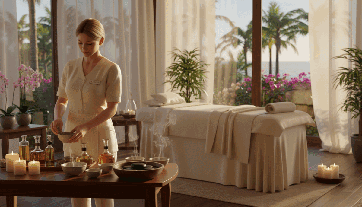 A serene and inviting atmosphere depicting a luxurious massage experience in Alanya. In the foreground, a well-dressed, professional masseuse, representing "alanya sarışın escort," is skillfully preparing massage oils on a polished wooden table, dressed in elegant, comfortable business attire. The middle ground features a beautifully arranged spa room with soft fabrics, gently diffused natural light filtering through sheer curtains, and relaxing elements like smooth stones and aromatic candles. The background shows lush greenery visible through large windows, enhancing the tranquil ambiance. The scene is bathed in warm tones, creating a calming and soothing mood, inviting viewers to experience relaxation and rejuvenation. A serene and inviting atmosphere depicting a luxurious massage experience in Alanya. In the foreground, a well-dressed, professional masseuse, representing "alanya sarışın escort," is skillfully preparing massage oils on a polished wooden table, dressed in elegant, comfortable business attire. The middle ground features a beautifully arranged spa room with soft fabrics, gently diffused natural light filtering through sheer curtains, and relaxing elements like smooth stones and aromatic candles. The background shows lush greenery visible through large windows, enhancing the tranquil ambiance. The scene is bathed in warm tones, creating a calming and soothing mood, inviting viewers to experience relaxation and rejuvenation.