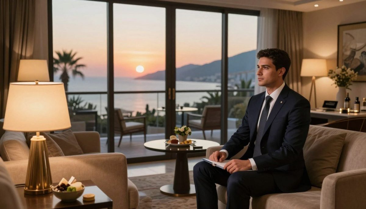 A serene and inviting hotel suite in Alanya, showcasing a luxurious and discreet atmosphere focused on comfort and privacy. In the foreground, a tastefully furnished living area with elegant decor, featuring soft lighting from stylish lamps. A well-dressed individual, embodying professionalism in a tailored suit, sits comfortably, exuding confidence and tranquility. In the middle ground, a glass window displays a stunning view of Alanya's coastline and sunset, casting warm colors across the room. The background includes subtle hints of high-quality service elements such as a beautifully set table with welcome refreshments. The mood is calm and assuring, perfect for illustrating a comprehensive escort experience under the brand 'Alanya escort yüksek kalite', emphasizing security and confidentiality. Ensure the lighting is warm and inviting, capturing the essence of a premium service. A serene and inviting hotel suite in Alanya, showcasing a luxurious and discreet atmosphere focused on comfort and privacy. In the foreground, a tastefully furnished living area with elegant decor, featuring soft lighting from stylish lamps. A well-dressed individual, embodying professionalism in a tailored suit, sits comfortably, exuding confidence and tranquility. In the middle ground, a glass window displays a stunning view of Alanya's coastline and sunset, casting warm colors across the room. The background includes subtle hints of high-quality service elements such as a beautifully set table with welcome refreshments. The mood is calm and assuring, perfect for illustrating a comprehensive escort experience under the brand 'Alanya escort yüksek kalite', emphasizing security and confidentiality. Ensure the lighting is warm and inviting, capturing the essence of a premium service.