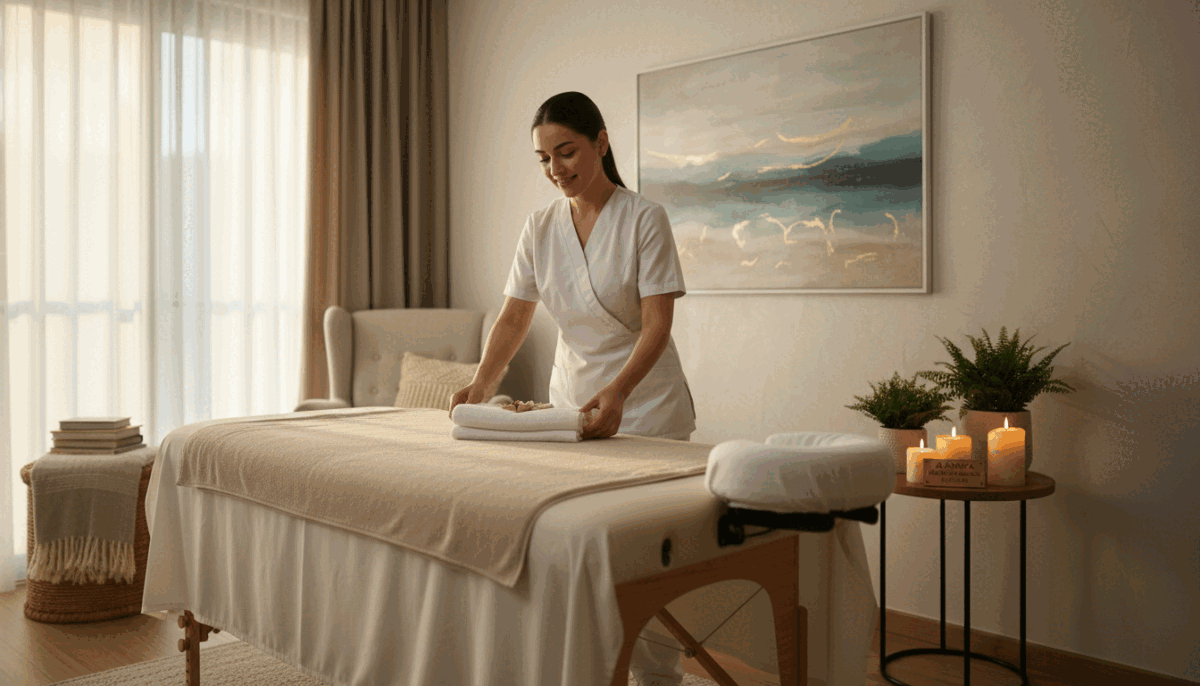 A serene and inviting indoor setting for a home massage experience in Alanya. In the foreground, a professional-looking massage therapist in modest, professional attire adjusts the elegant massage table draped with soft, neutral linens. The therapist has a friendly expression that conveys warmth and professionalism. In the middle ground, decorative elements such as scented candles, lush plants, and calming artwork set a relaxing atmosphere, enhancing the feeling of tranquility. The background features soft, ambient lighting creating a soothing glow, with gentle shadows that add depth. The perspective is a cozy corner of a stylish living room, emphasizing the luxurious home massage experience. This scene embodies the essence of "alanya oral escort," focusing on quality and comfort in a safe for work context. A serene and inviting indoor setting for a home massage experience in Alanya. In the foreground, a professional-looking massage therapist in modest, professional attire adjusts the elegant massage table draped with soft, neutral linens. The therapist has a friendly expression that conveys warmth and professionalism. In the middle ground, decorative elements such as scented candles, lush plants, and calming artwork set a relaxing atmosphere, enhancing the feeling of tranquility. The background features soft, ambient lighting creating a soothing glow, with gentle shadows that add depth. The perspective is a cozy corner of a stylish living room, emphasizing the luxurious home massage experience. This scene embodies the essence of "alanya oral escort," focusing on quality and comfort in a safe for work context.