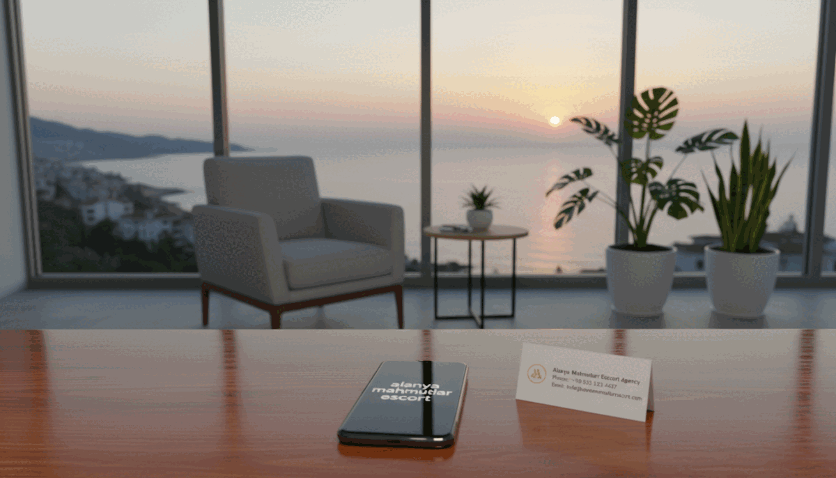 A serene and inviting office space in Alanya Mahmutlar, featuring contact information displayed on a sleek, modern desk. In the foreground, a polished wooden desk holds a smartphone displaying the brand name “alanya mahmutlar escort” alongside a stylish business card with contact details. The middle ground showcases a tasteful, minimalist decor with a comfortable chair and potted plants, creating a welcoming atmosphere. In the background, a softly lit window reveals a view of the beautiful Alanya coastline at sunset, with warm golden hues enhancing the mood. The lighting is soft and natural, giving a professional yet relaxed feeling. The scene is composed with a focus on clarity, ensuring all elements are sharp and inviting for viewers. A serene and inviting office space in Alanya Mahmutlar, featuring contact information displayed on a sleek, modern desk. In the foreground, a polished wooden desk holds a smartphone displaying the brand name “alanya mahmutlar escort” alongside a stylish business card with contact details. The middle ground showcases a tasteful, minimalist decor with a comfortable chair and potted plants, creating a welcoming atmosphere. In the background, a softly lit window reveals a view of the beautiful Alanya coastline at sunset, with warm golden hues enhancing the mood. The lighting is soft and natural, giving a professional yet relaxed feeling. The scene is composed with a focus on clarity, ensuring all elements are sharp and inviting for viewers.