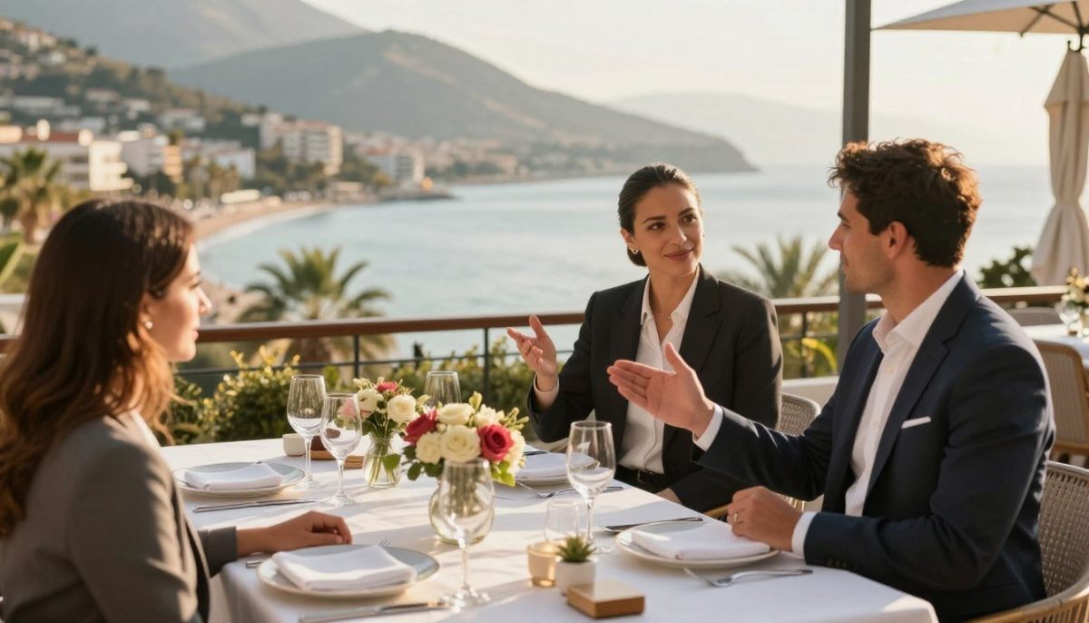 A serene and inviting scene depicting a luxurious meeting space in Alanya, with a focus on professionalism and sophistication. In the foreground, a tastefully arranged table set for a stylish business meeting, complete with elegant tableware and fresh flowers. In the middle ground, two well-dressed individuals engage in a conversation, showcasing confidence and poise, dressed in smart business attire, emphasizing quality and professionalism. The background features a panoramic view of Alanya’s picturesque coastline, bathed in warm golden sunlight, creating an atmosphere of relaxation and luxury. Capture this moment with a soft-focus lens, enhancing the warm tones and highlighting the vibrant colors of the setting, evoking a sense of high-class service offered by "Alanya escort yüksek kalite."