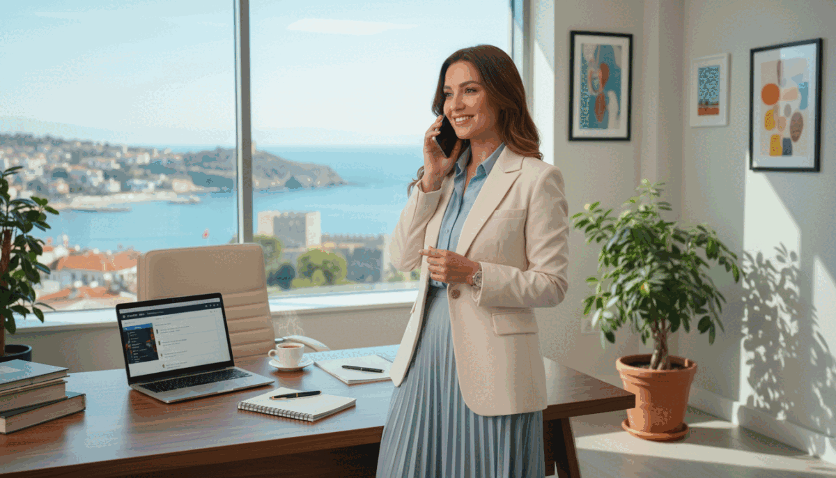 A serene and inviting scene depicting a professional, elegant woman in a stylish, modest business outfit, standing in a well-lit, tastefully decorated office space, showcasing the concept of reliable communication and reservation experiences. The foreground features her holding a smartphone, engaging in a friendly conversation, with a warm smile that conveys trust and professionalism. In the middle ground, a sleek desk with a laptop, notepad, and a cup of coffee contributes to the atmosphere of efficiency and comfort. The background reveals a large window with a view of Alanya's picturesque coastline under a bright, sunny sky, enhancing the sense of a welcoming and high-quality service experience. The overall mood should be optimistic, professional, and conducive to positive interactions, with soft, natural lighting. A serene and inviting scene depicting a professional, elegant woman in a stylish, modest business outfit, standing in a well-lit, tastefully decorated office space, showcasing the concept of reliable communication and reservation experiences. The foreground features her holding a smartphone, engaging in a friendly conversation, with a warm smile that conveys trust and professionalism. In the middle ground, a sleek desk with a laptop, notepad, and a cup of coffee contributes to the atmosphere of efficiency and comfort. The background reveals a large window with a view of Alanya's picturesque coastline under a bright, sunny sky, enhancing the sense of a welcoming and high-quality service experience. The overall mood should be optimistic, professional, and conducive to positive interactions, with soft, natural lighting.