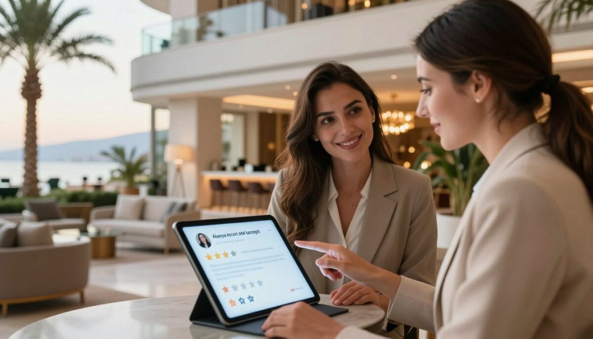 A serene and inviting scene depicting customer satisfaction in the context of "Alanya escort otel konsepti." In the foreground, two elegantly dressed individuals discuss with pleased expressions, showcasing a sense of trust and professionalism. One person is pointing at a glowing review on a tablet, conveying communication and feedback. In the middle ground, a stylish and modern hotel lobby is visible, adorned with tasteful decor and warm lighting, enhancing the atmosphere of luxury and comfort. The background features lush palm trees typical of Alanya, bathed in soft sunlight, suggesting a tranquil coastal environment. The image should evoke a mood of contentment and reassurance, emphasizing the importance of customer feedback in a high-quality service environment. A serene and inviting scene depicting customer satisfaction in the context of "Alanya escort otel konsepti." In the foreground, two elegantly dressed individuals discuss with pleased expressions, showcasing a sense of trust and professionalism. One person is pointing at a glowing review on a tablet, conveying communication and feedback. In the middle ground, a stylish and modern hotel lobby is visible, adorned with tasteful decor and warm lighting, enhancing the atmosphere of luxury and comfort. The background features lush palm trees typical of Alanya, bathed in soft sunlight, suggesting a tranquil coastal environment. The image should evoke a mood of contentment and reassurance, emphasizing the importance of customer feedback in a high-quality service environment.
