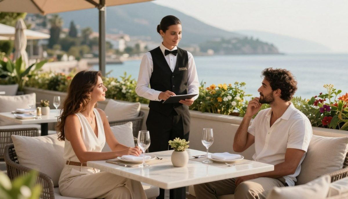 A serene and inviting scene illustrating a luxurious vacation experience in Alanya, featuring a beautifully arranged outdoor terrace with elegant furniture, soft cushions, and tasteful decorative elements. In the foreground, a professional couple, dressed in smart casual attire, enjoying a private moment, demonstrating trust and confidence. In the middle ground, a well-dressed concierge or host from "Alanya escort premium konfor" attentively ensuring their comfort, while strategically placed greenery and flowers create a lush, tranquil atmosphere. The background showcases the stunning Alanya coastline under gentle, warm sunlight, evoking relaxation and a sense of safety. The overall mood is sophisticated yet intimate, perfect for illustrating security and privacy measures during a getaway. The image should be captured with a shallow depth of field to emphasize the subjects while softening the background. A serene and inviting scene illustrating a luxurious vacation experience in Alanya, featuring a beautifully arranged outdoor terrace with elegant furniture, soft cushions, and tasteful decorative elements. In the foreground, a professional couple, dressed in smart casual attire, enjoying a private moment, demonstrating trust and confidence. In the middle ground, a well-dressed concierge or host from "Alanya escort premium konfor" attentively ensuring their comfort, while strategically placed greenery and flowers create a lush, tranquil atmosphere. The background showcases the stunning Alanya coastline under gentle, warm sunlight, evoking relaxation and a sense of safety. The overall mood is sophisticated yet intimate, perfect for illustrating security and privacy measures during a getaway. The image should be captured with a shallow depth of field to emphasize the subjects while softening the background.